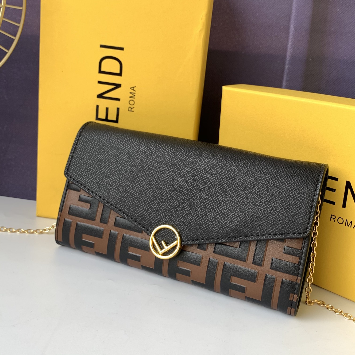 Fendi Black Zucca Leather Wallet on Chain Brown Pony-style ...