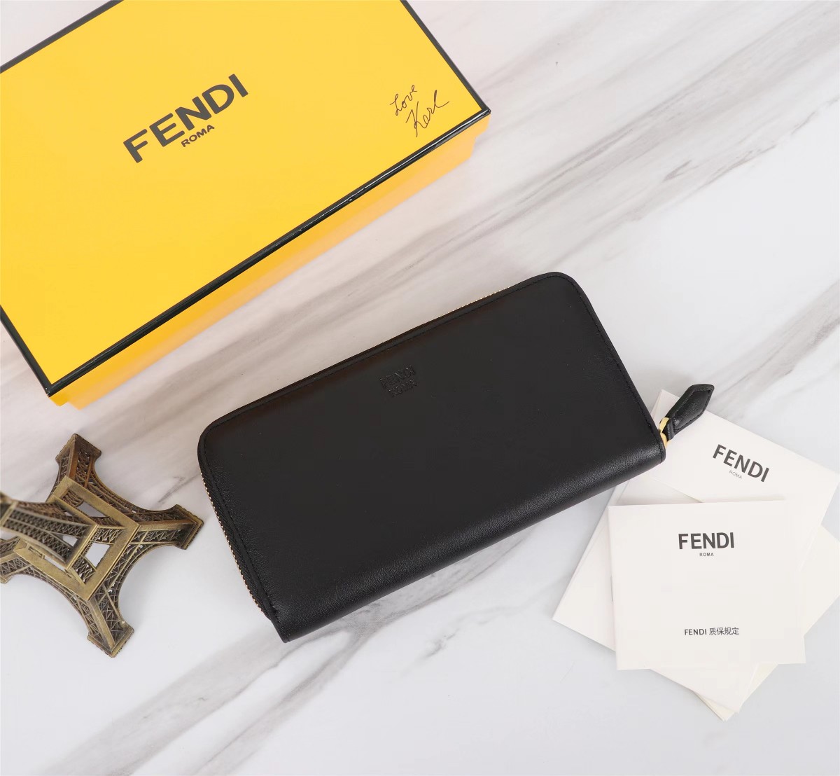 FENDI Bugs Eye Long Wallet Black 3.7×7.2×0.7 inch Used