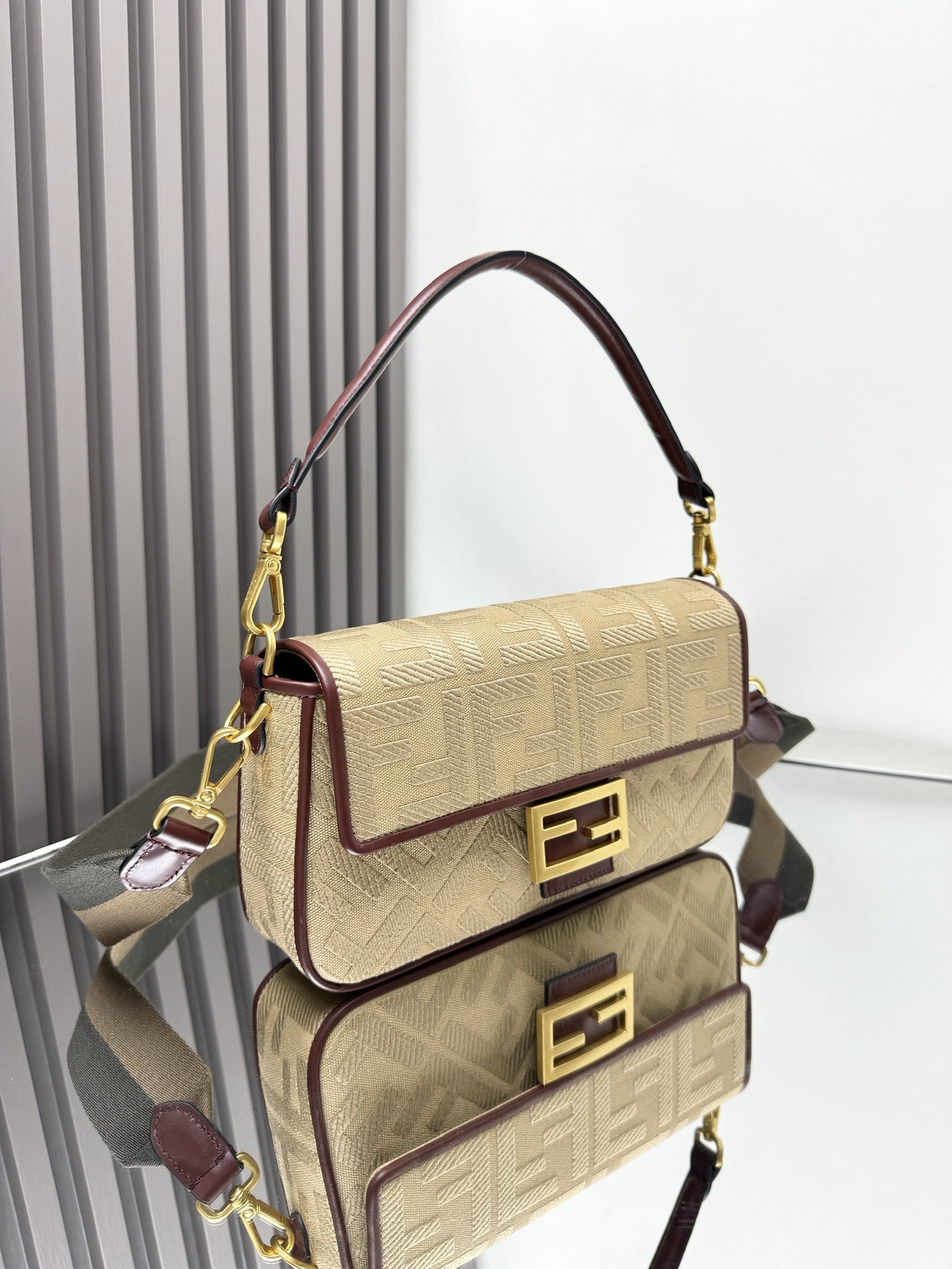 FENDI Canvas Vitello King FF Embroidered Baguette Sand