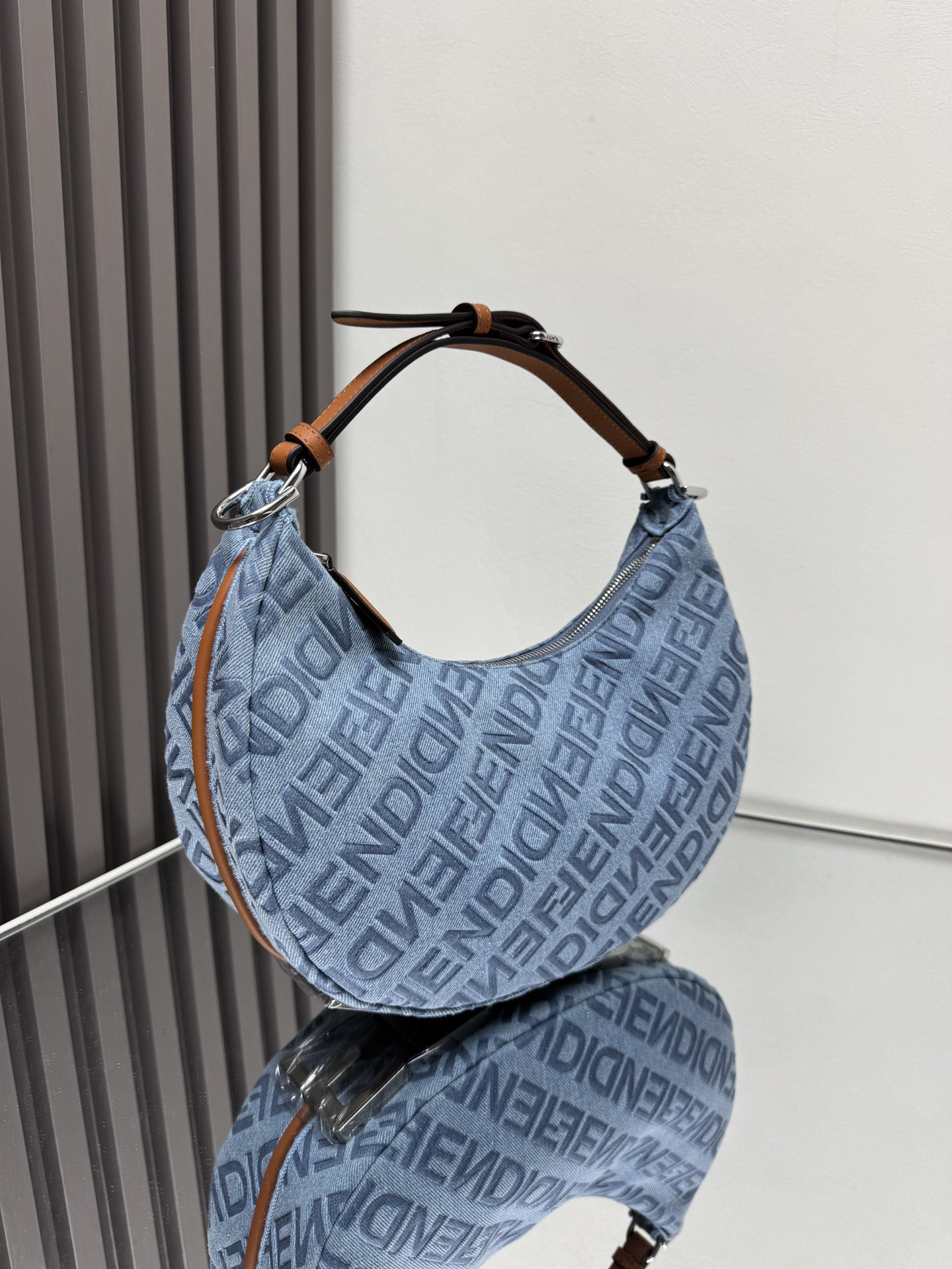 Fendi  Denim Vitello Grace Mirror Logo Small Fendigraphy Hobo Bag Blue