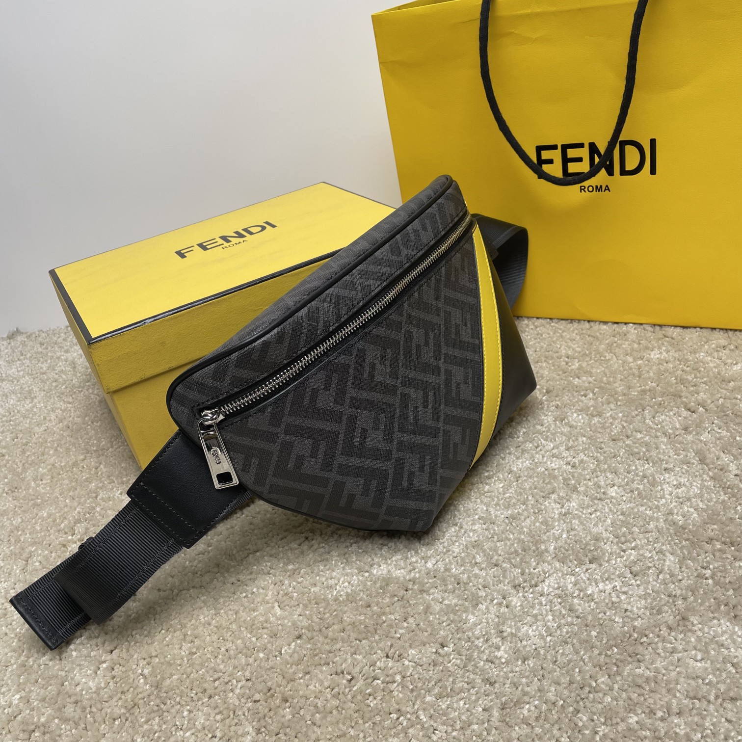 Fendi Diagonal Belt Bag Brown Leather Cloth