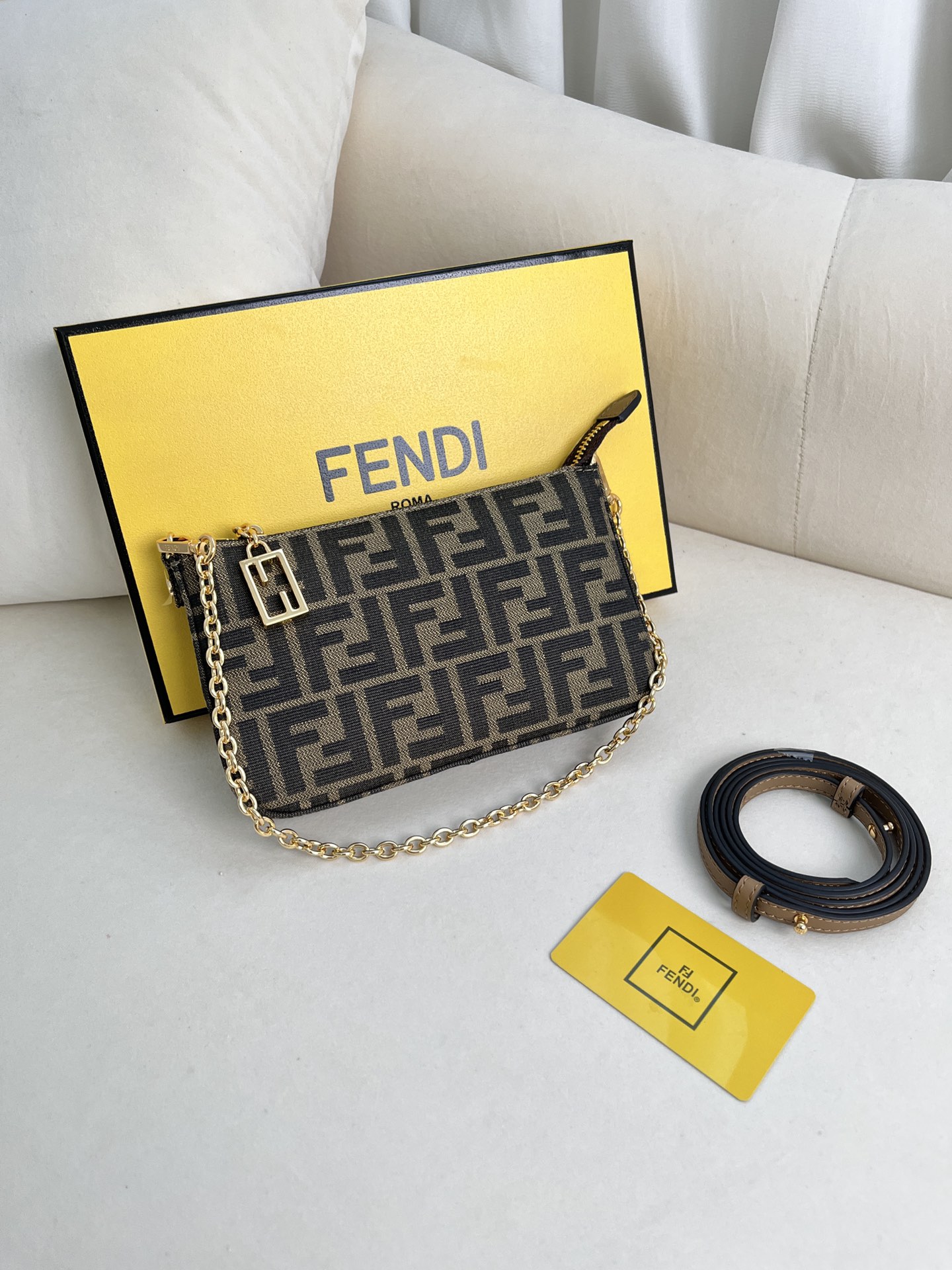 FENDI Fabric Jacquard Vitello Grace FF 1974 Baguette Pouch