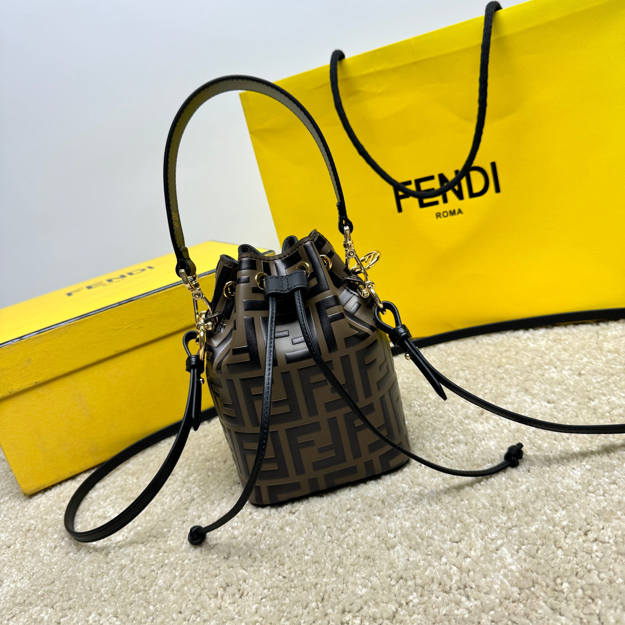 Fendi Fendi Brown/Black Zucca Leather Mini Mon Tresor Drawstring Bucket Bag