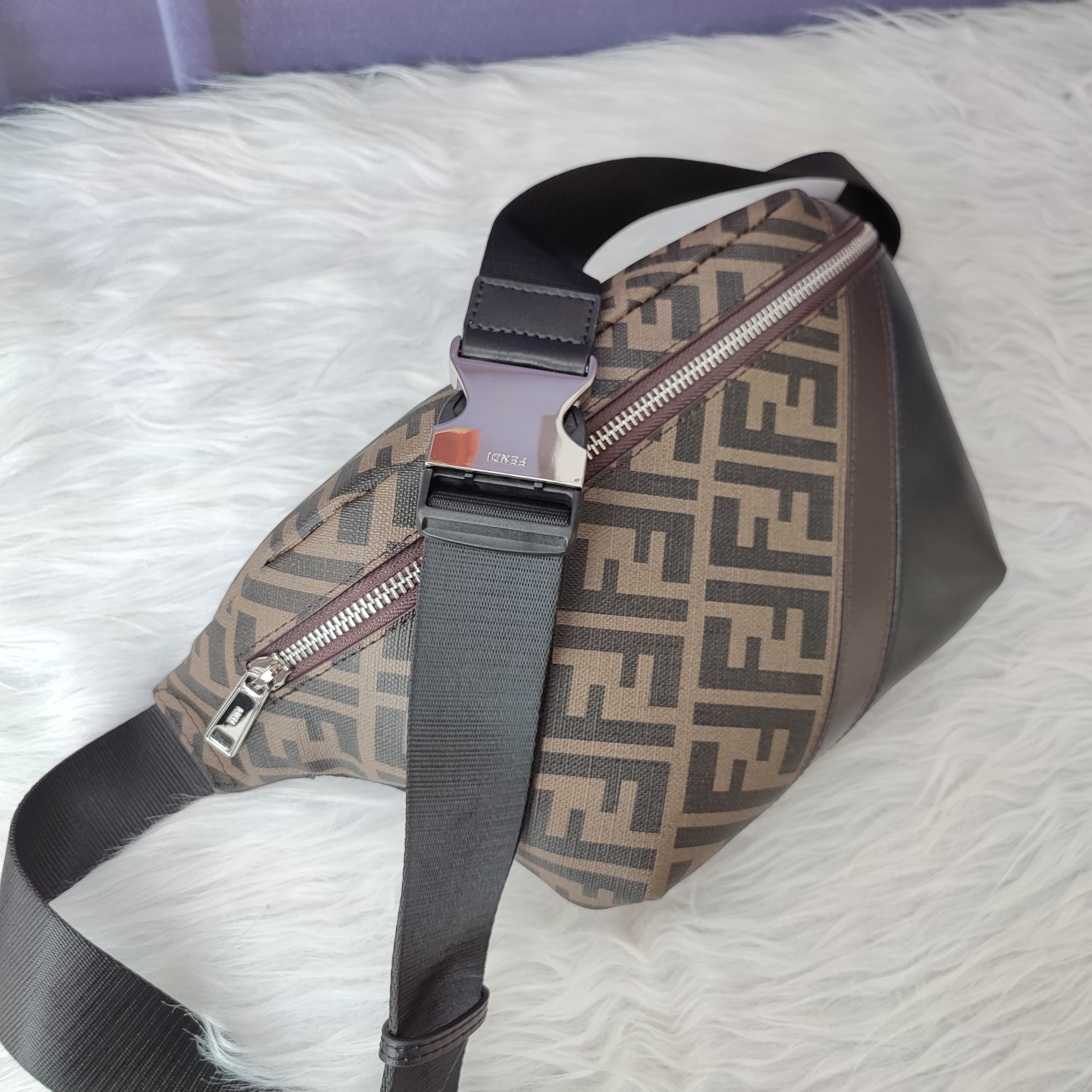 FENDI Glazed Fabric Vitello Liberty FF 1974 Diagonal Belt