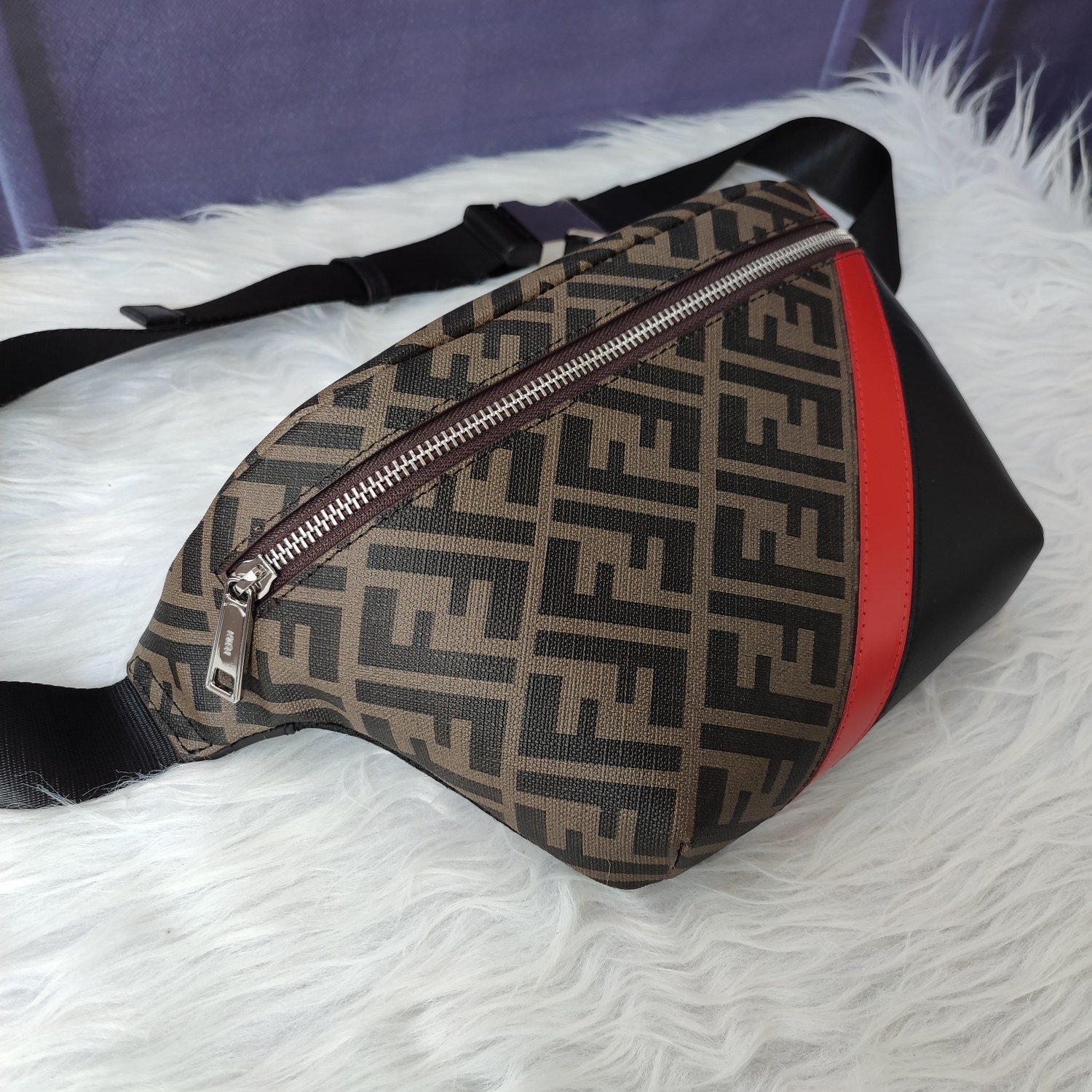 FENDI Glazed Fabric Vitello Liberty FF 1974 Diagonal Belt