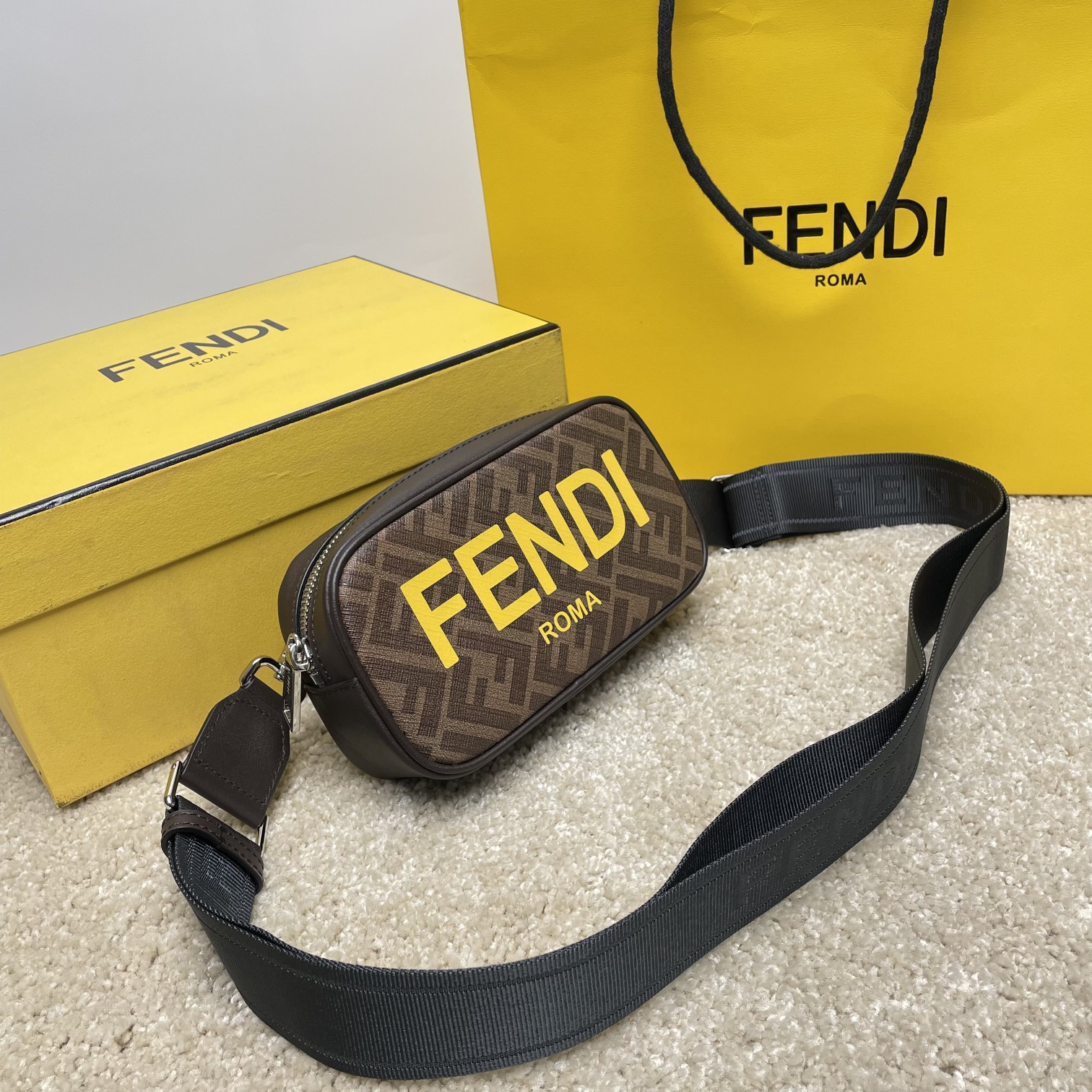 FENDI Men Camera Case Brown FF Fabric Bag