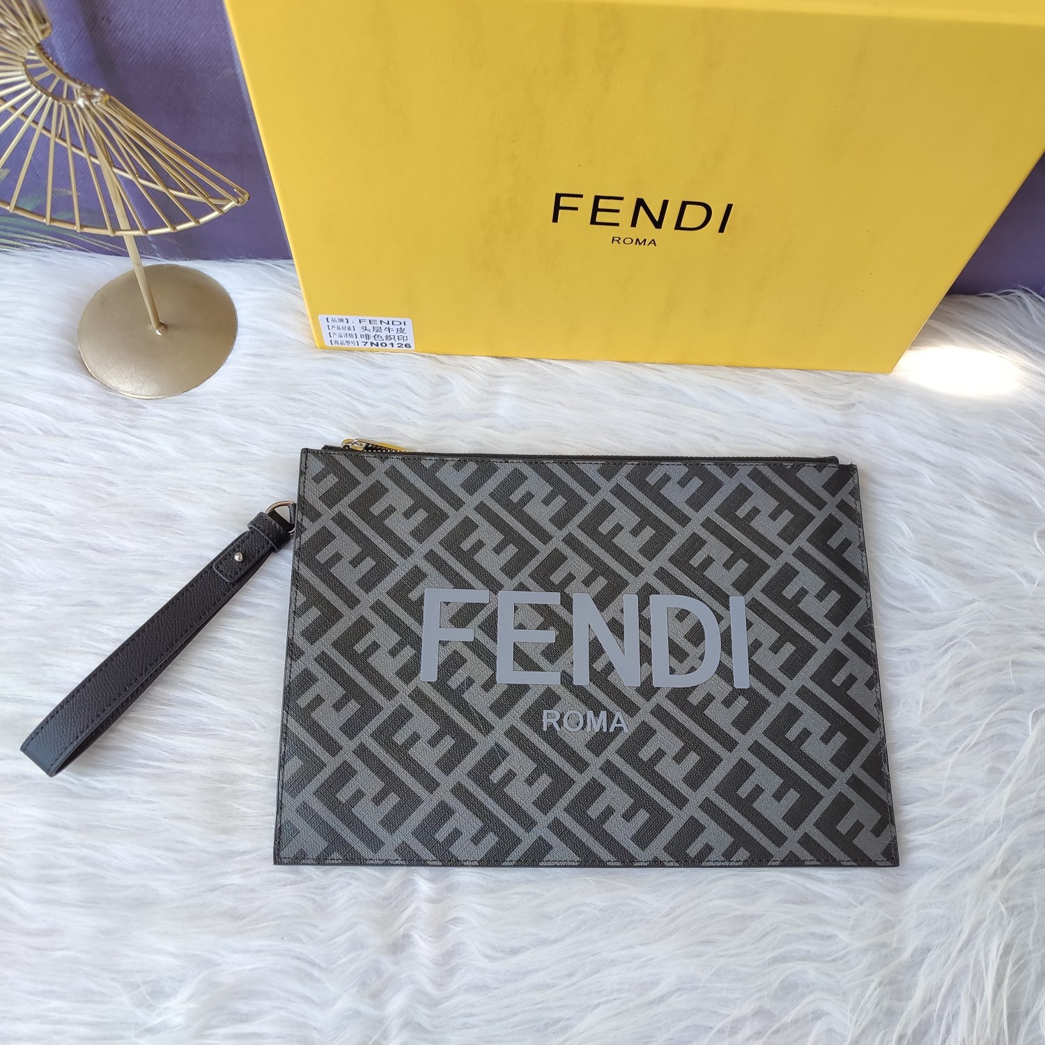 Fendi Men Clutch Pack Pouch in Black FF Fabric