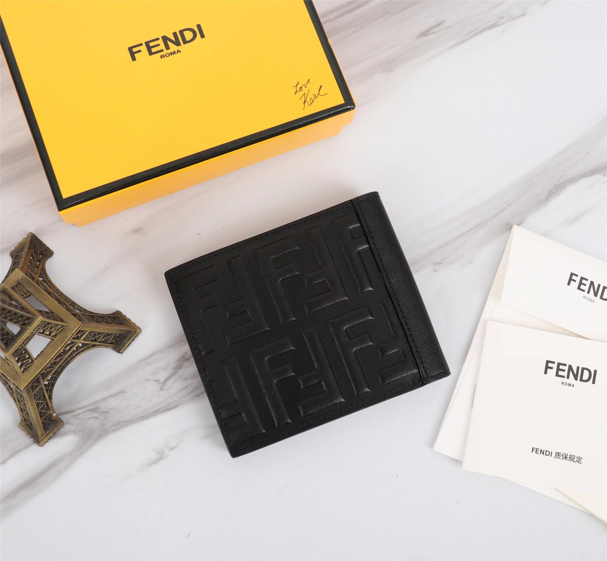 Fendi Men's Black Logo Print Textured 100% Leather Bifold Wallet