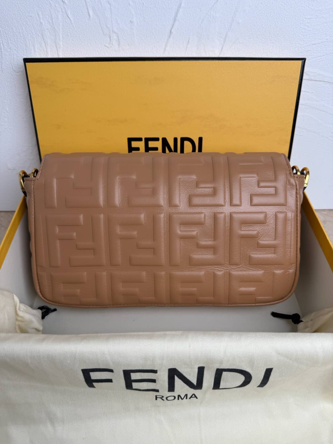 FENDI Nappa FF 1974 Embossed Baguette Miele Scuro 1301809