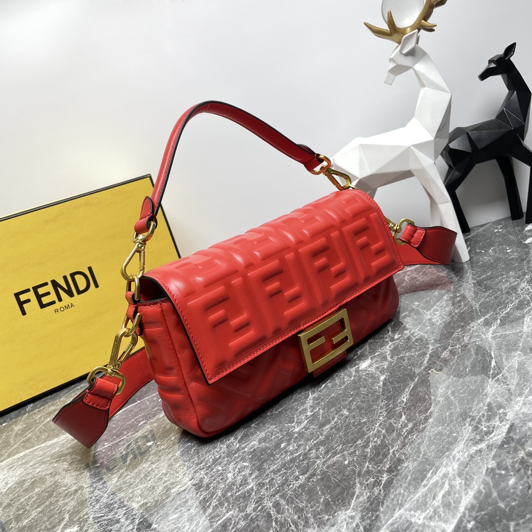 FENDI Red Fendi Zucca Embossed Baguette Satchel Leather