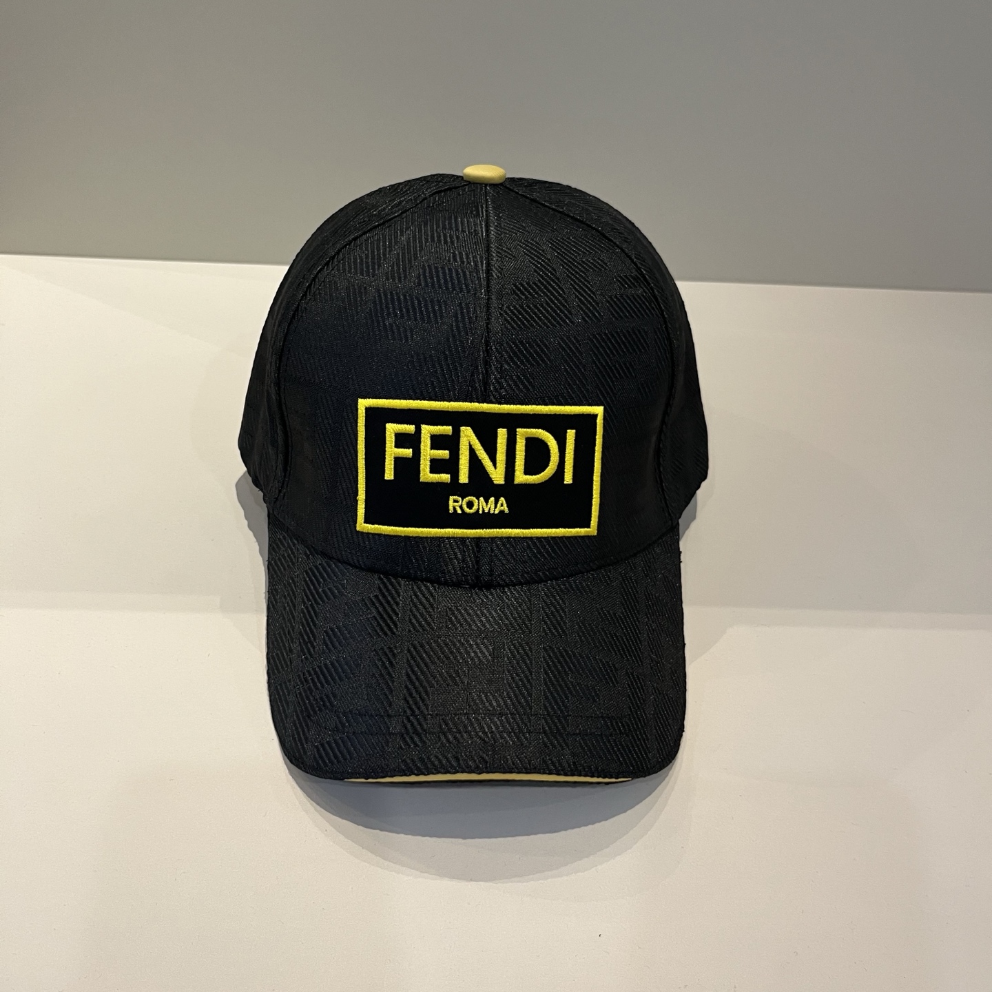 Fendi Black Textured Cap - Yellow Logo