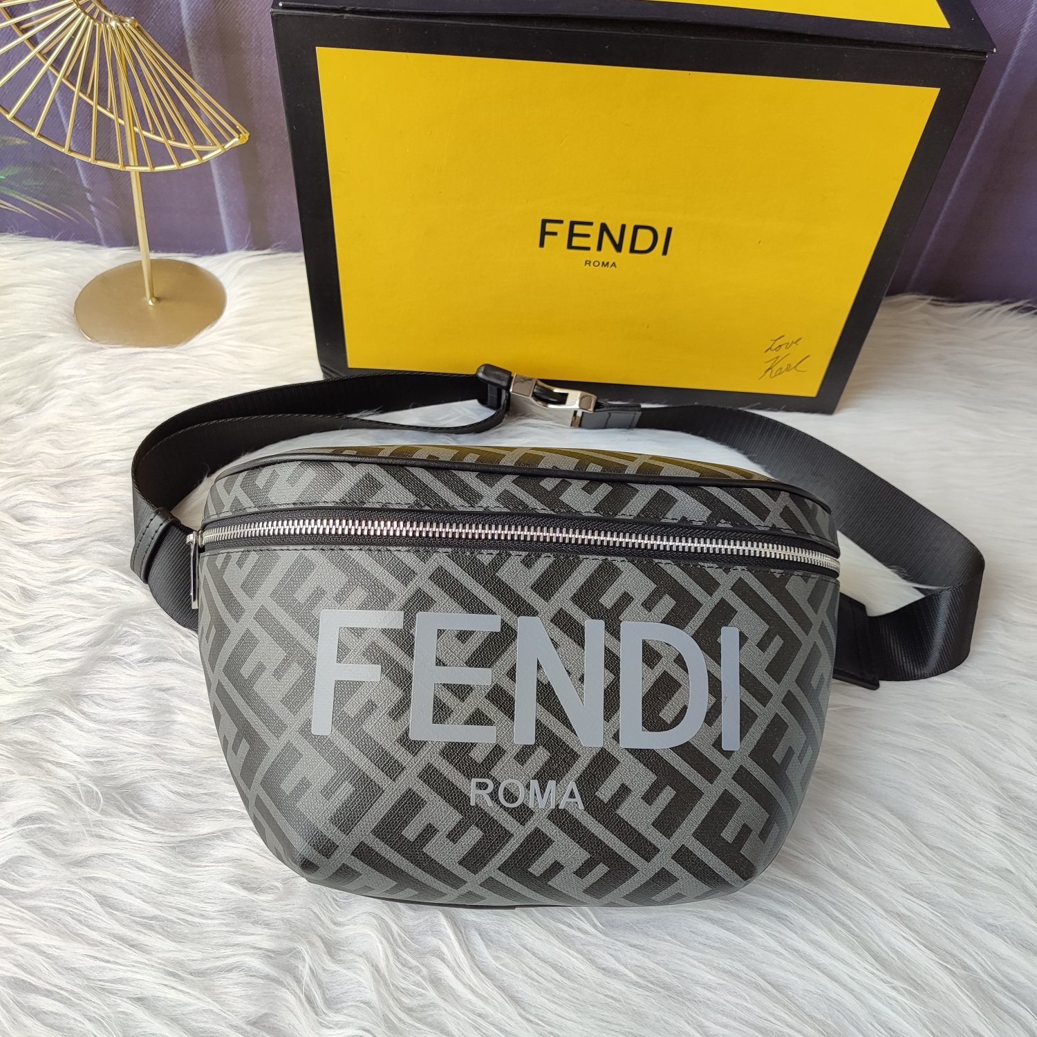 FENDI Shiny Glazed Fabric Vitello Cover FF 1974 Logo Belt