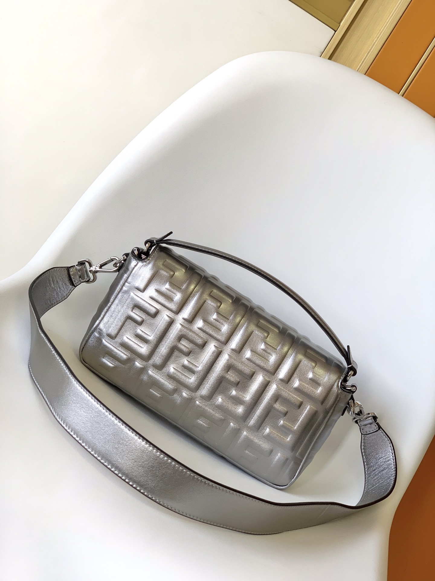 Fendi Silver Metallic Nappa Embossed Baguette Large