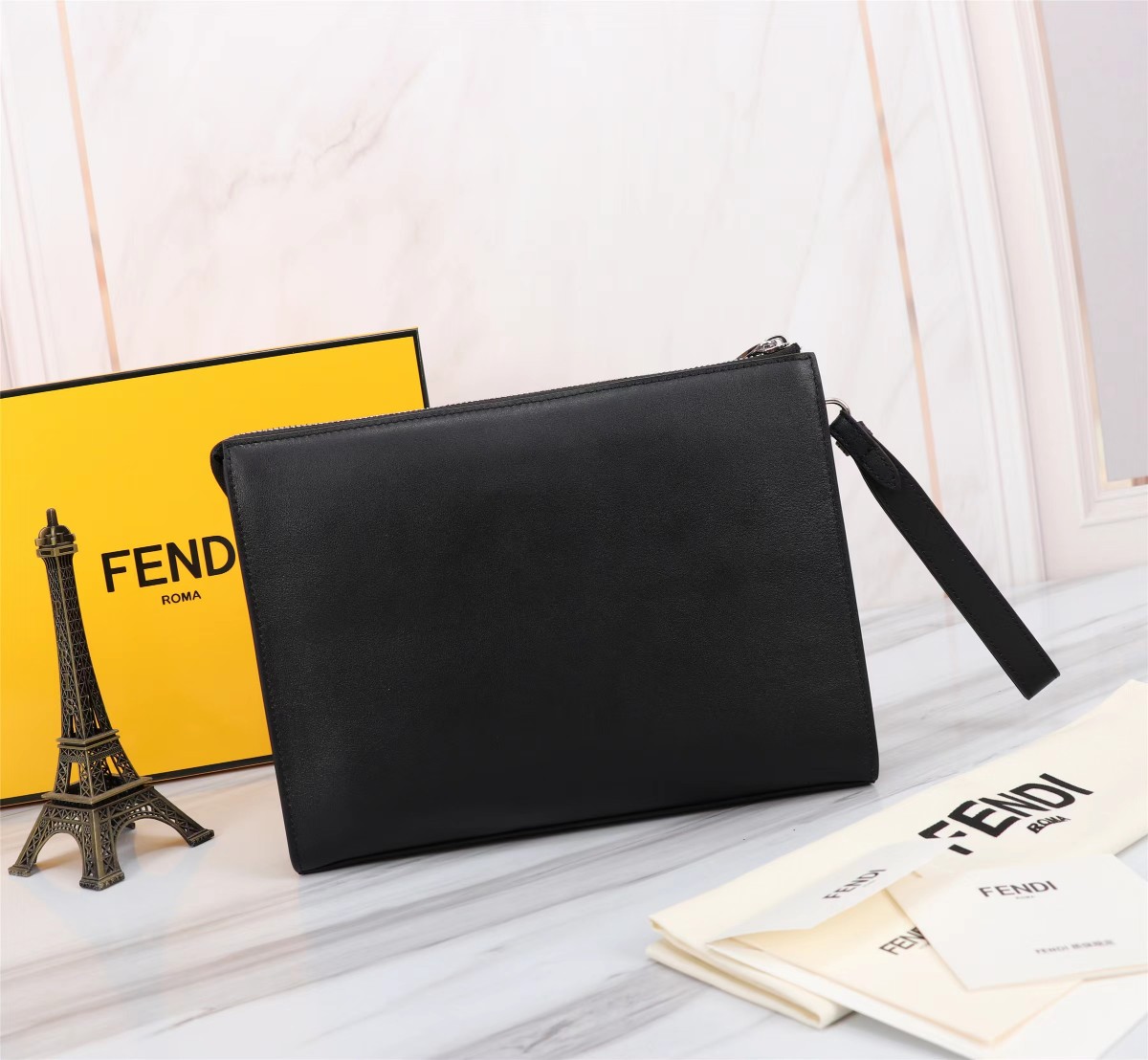 FENDI Vitello Century Monster Eyes Inlay Pouch Black Giallo 1572849