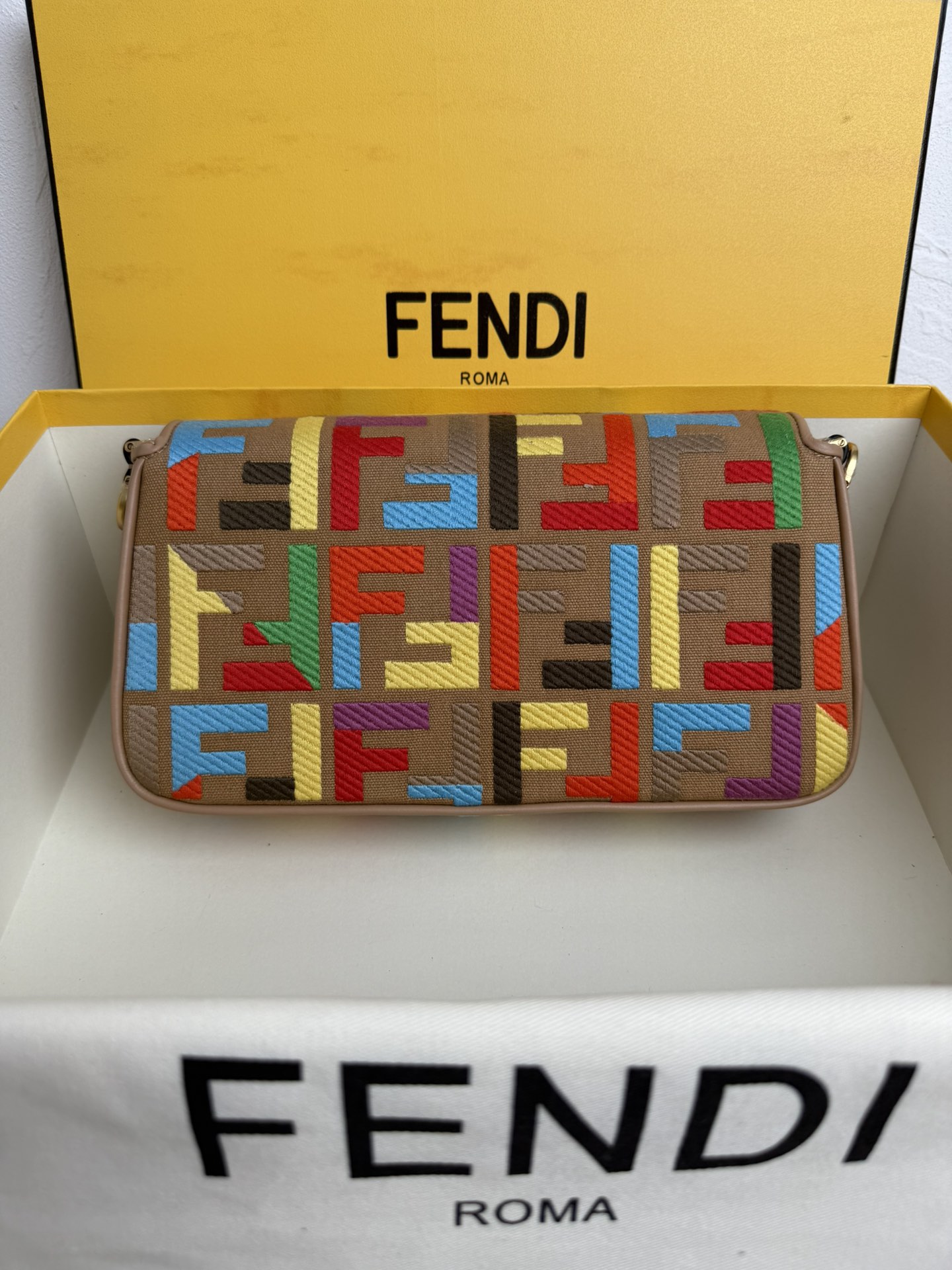FENDI Vitello King FF Embroidered Baguette Canvas