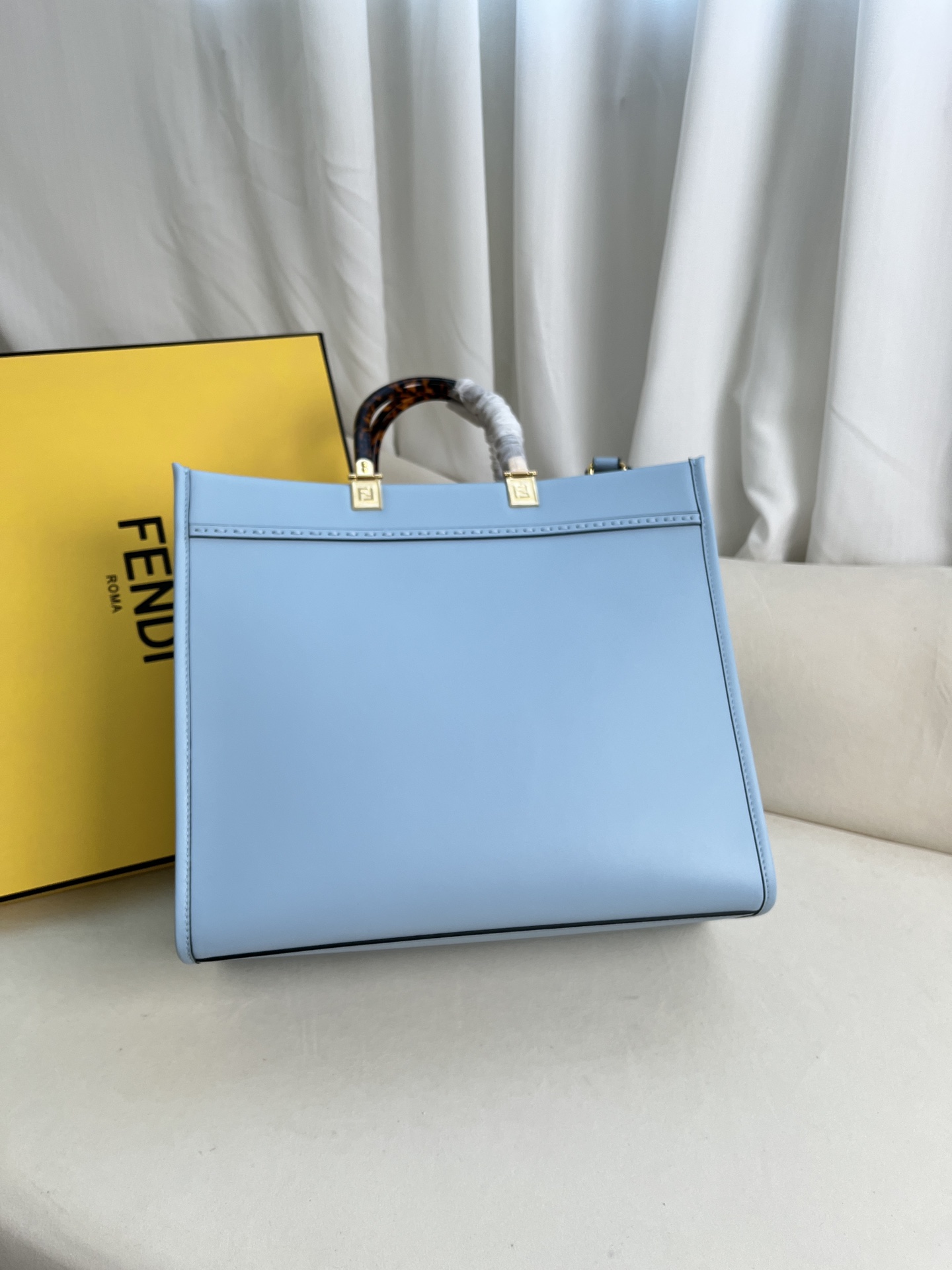 Fendi  Vitello King Plexiglass Logo Embossed Medium Fendi Sunshine Shopper Tote Azzurro Baby Sold Out