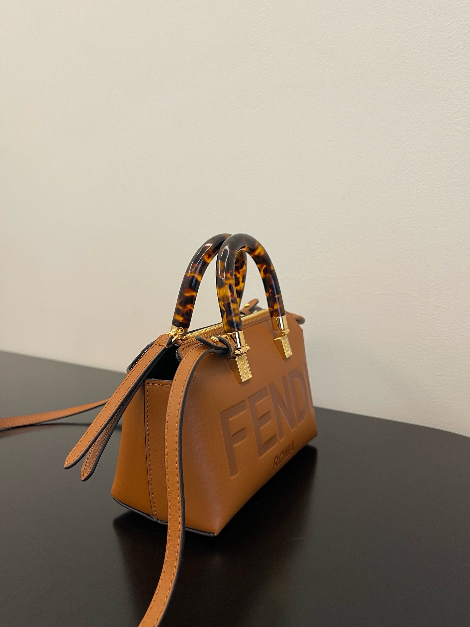 FENDI Vitello King Plexiglass Logo Embossed Mini By The brown