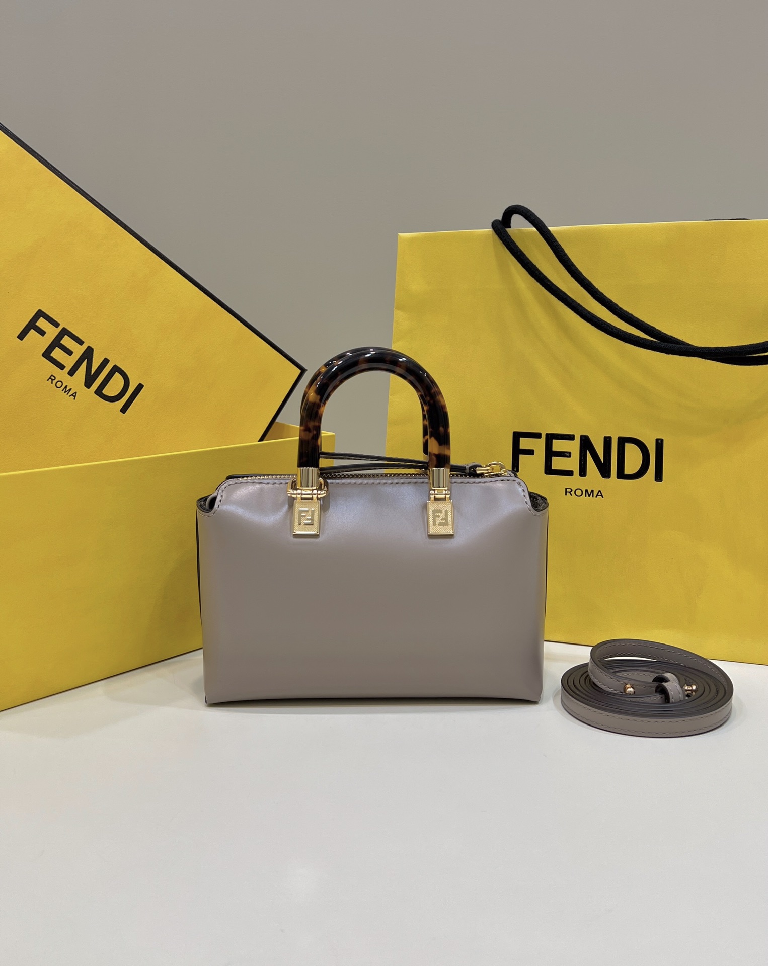 Fendi  Vitello King Plexiglass Logo Embossed Mini By The Way Top Handle Boston Bag Tortora Sold Out