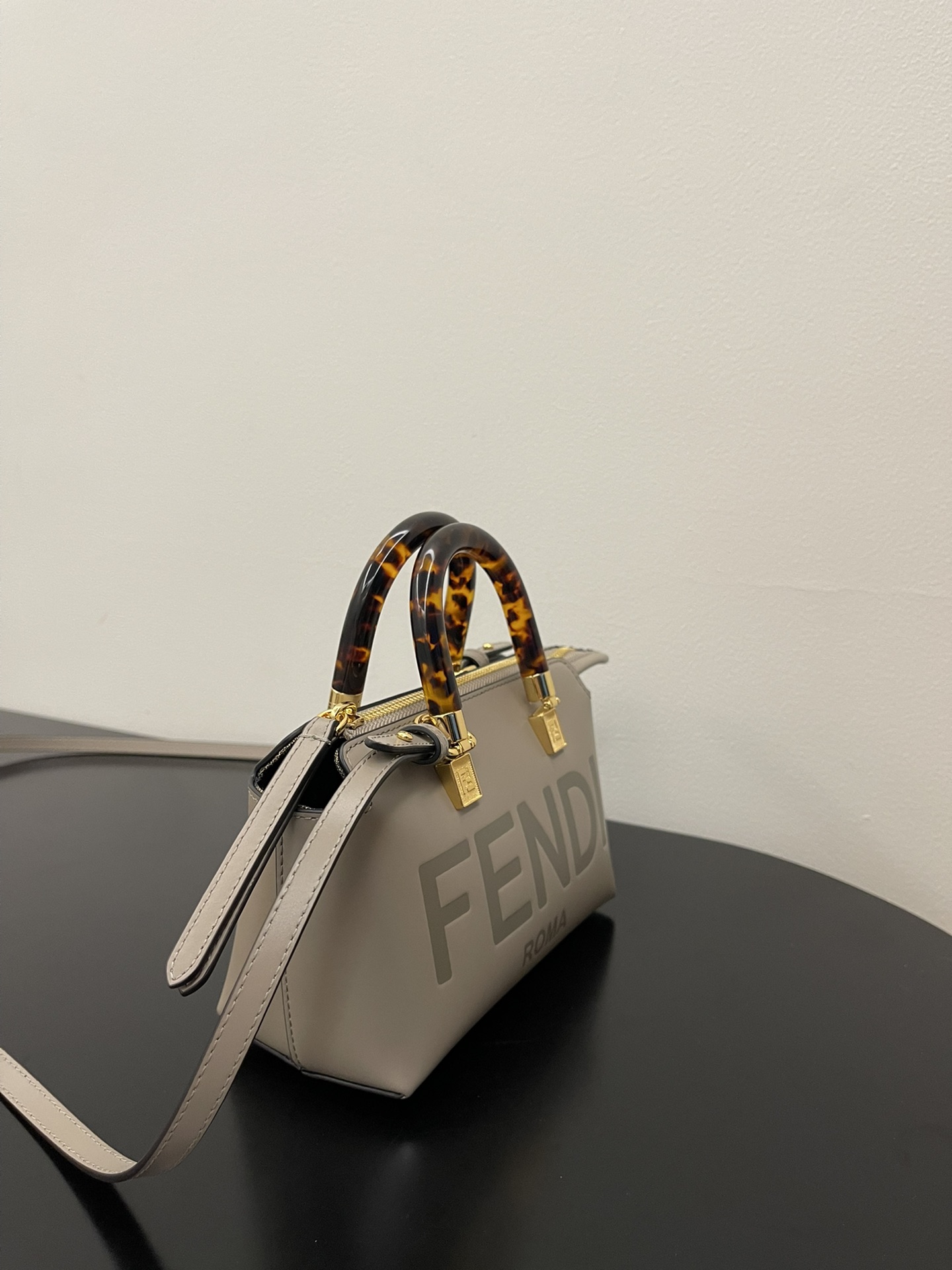 Fendi  Vitello King Plexiglass Logo Embossed Mini By The Way Top Handle Boston Bag Tortora Sold Out