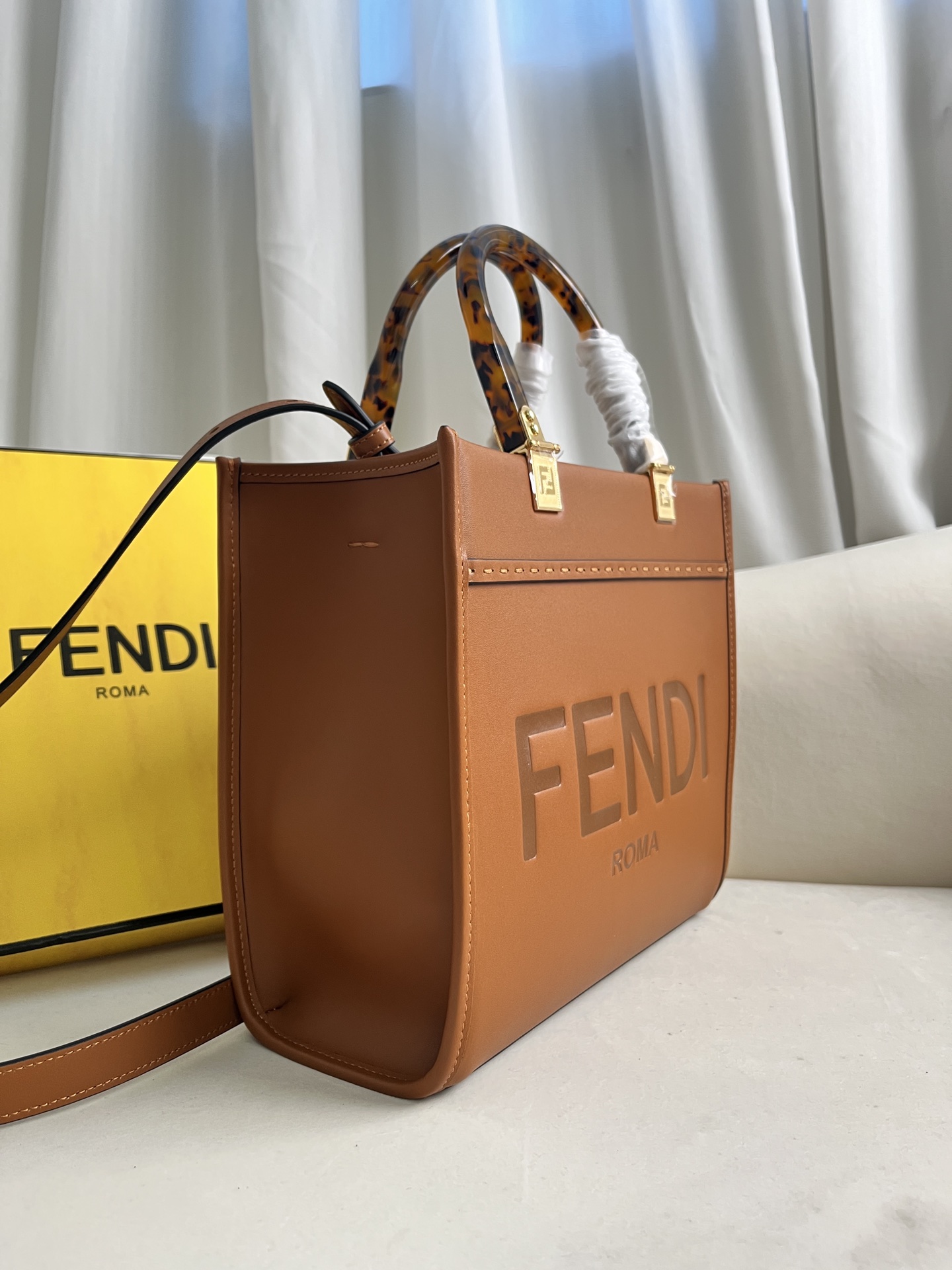 Fendi  Vitello King Plexiglass Logo Embossed Small Fendi Sunshine Shopper Tote Cuoio Sold Out
