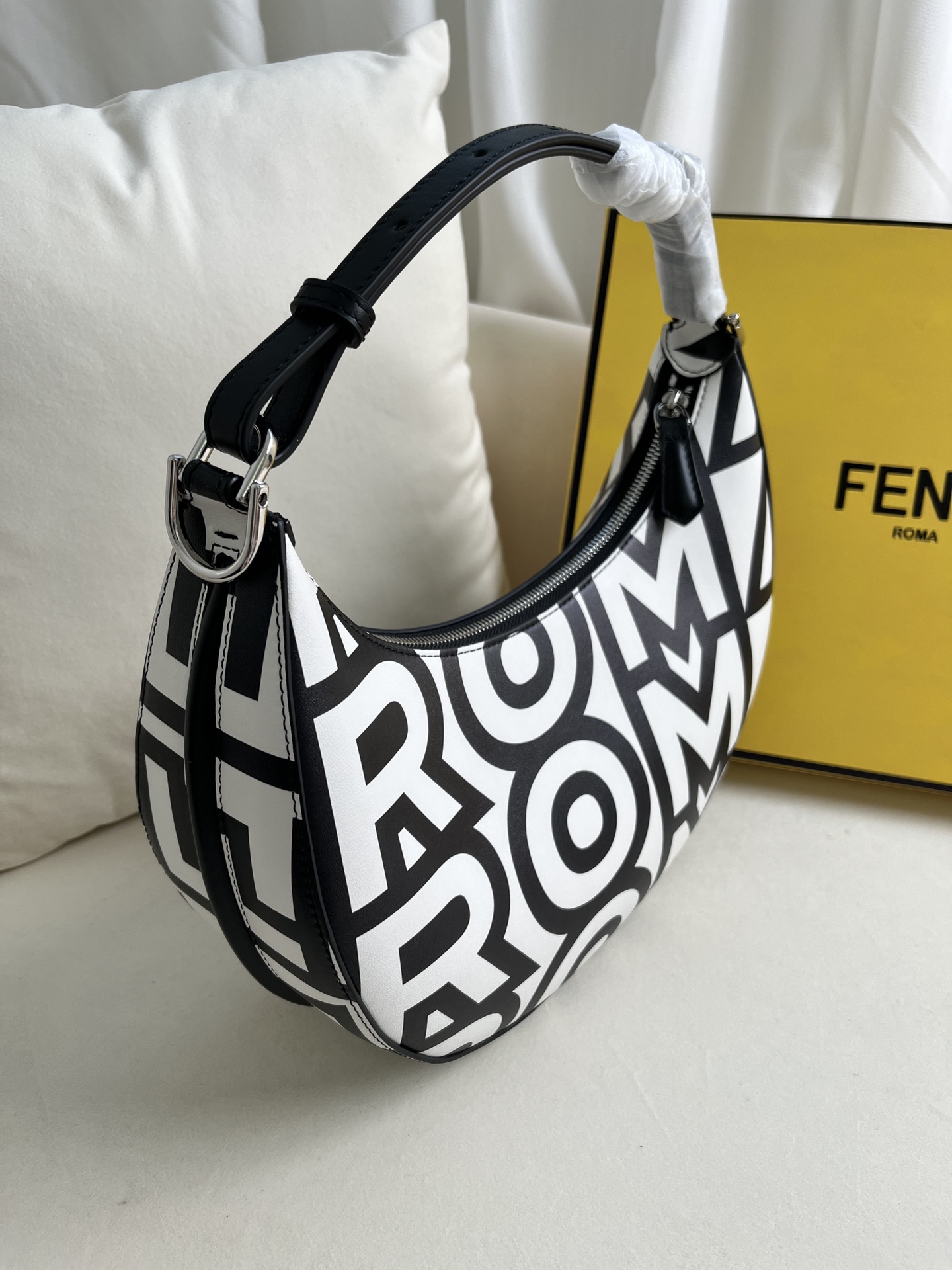 Fendi  X MARC JACOBS Nappa Vitello King Logo Print Nano Fendigraphy Hobo Charm White Black