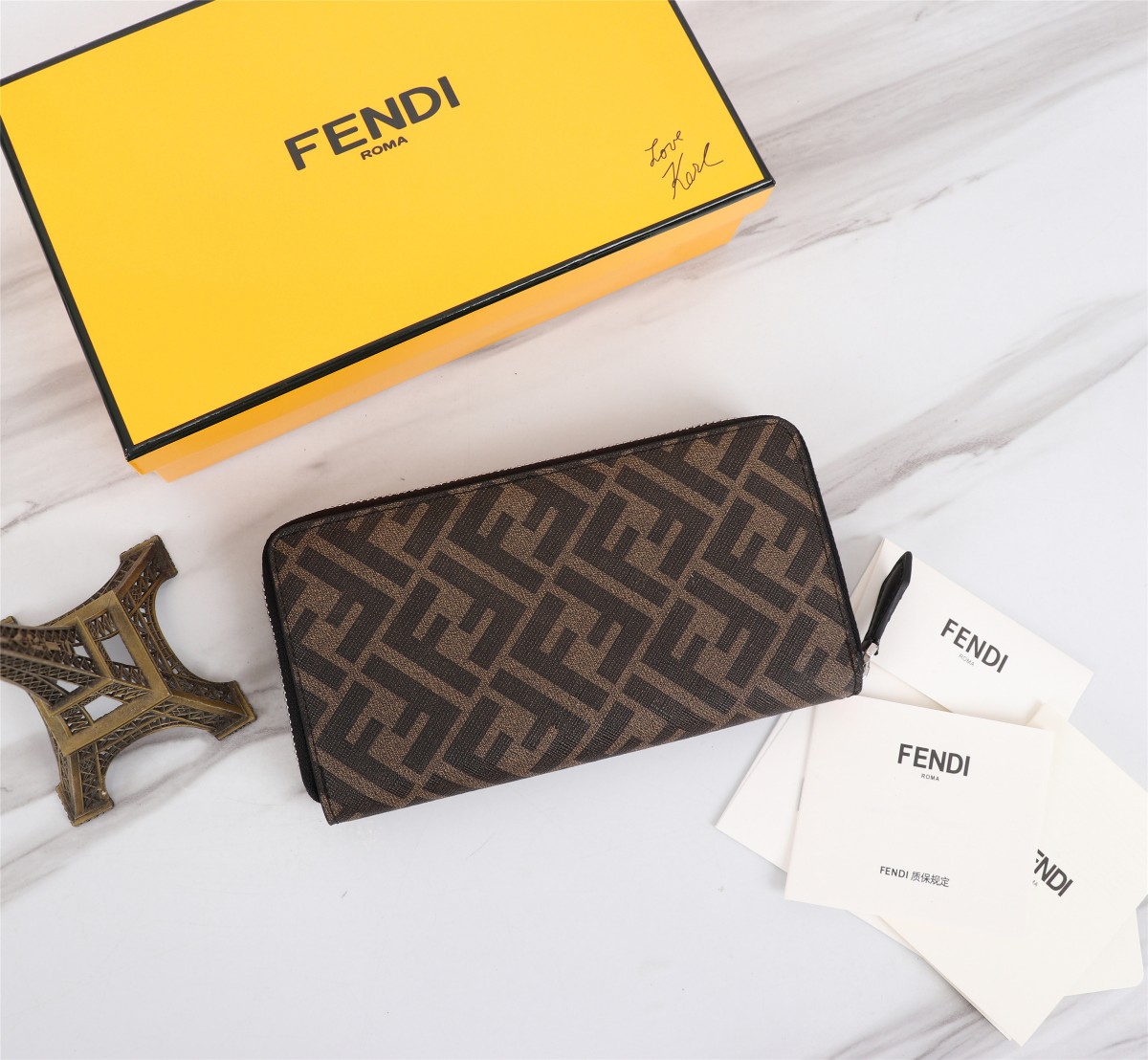 Fendi ZUCCa 7M0210 PVCx leather Zip Round Wallet brown x black