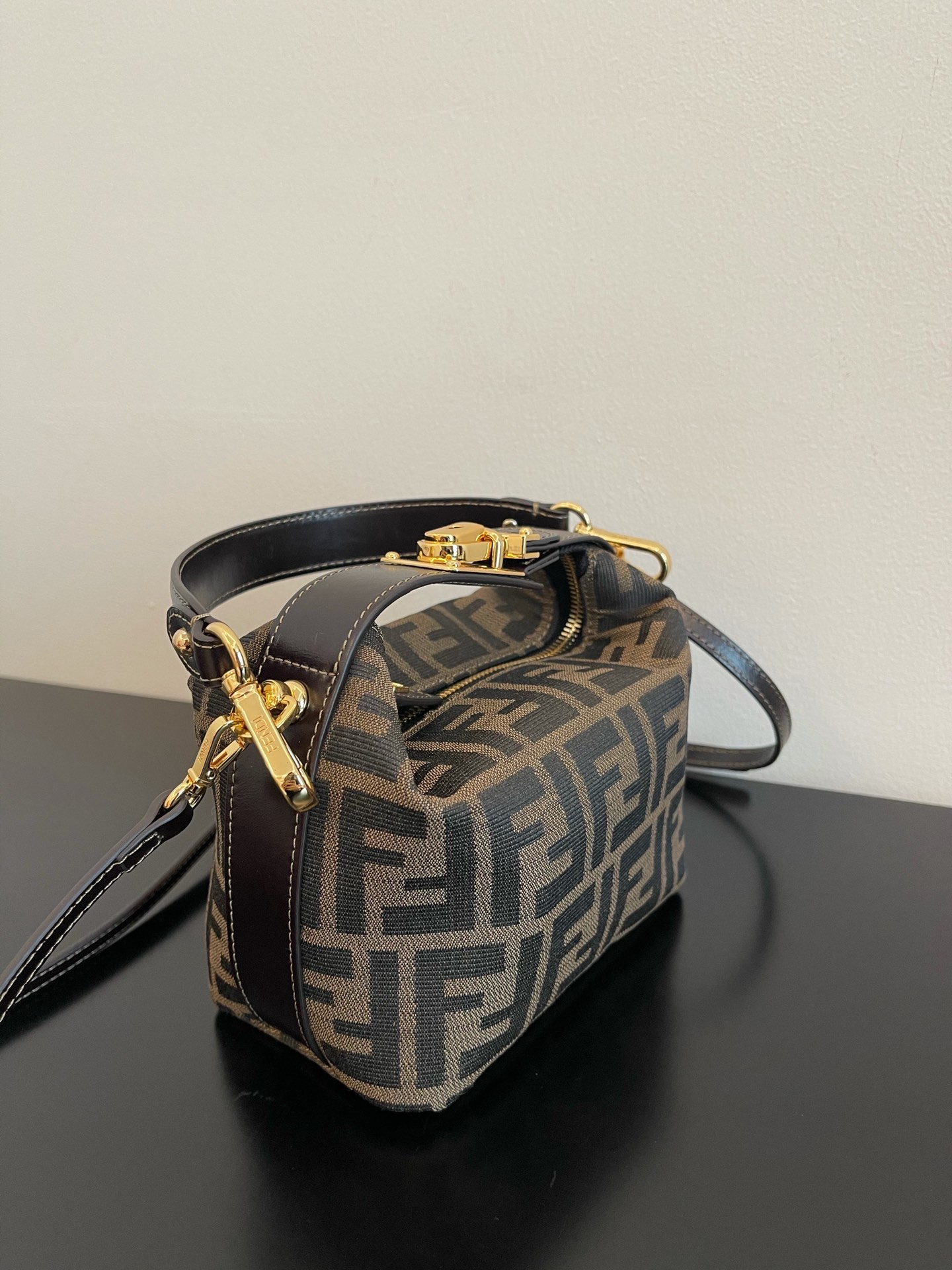 FENDI Zucca Canvas Vanity Hand Bag Brown Black gold