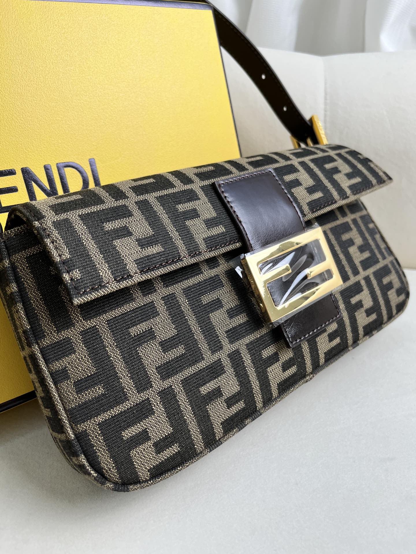 FENDI Zucca Mamma Baguette Shoulder Bag Canvas Leather