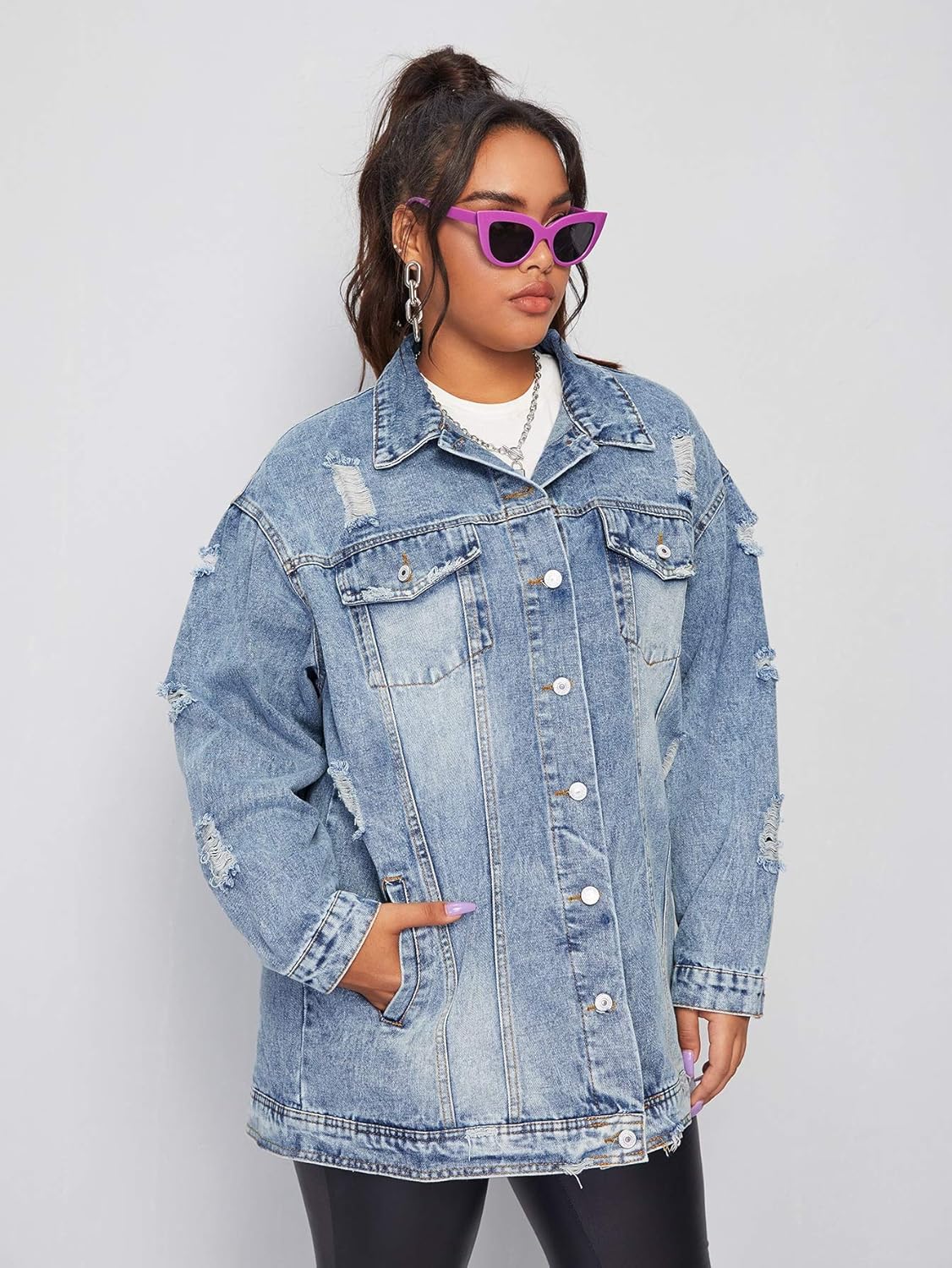 Floerns Women’s Plus Size Ripped Distressed Long Sleeve Denim Jacket