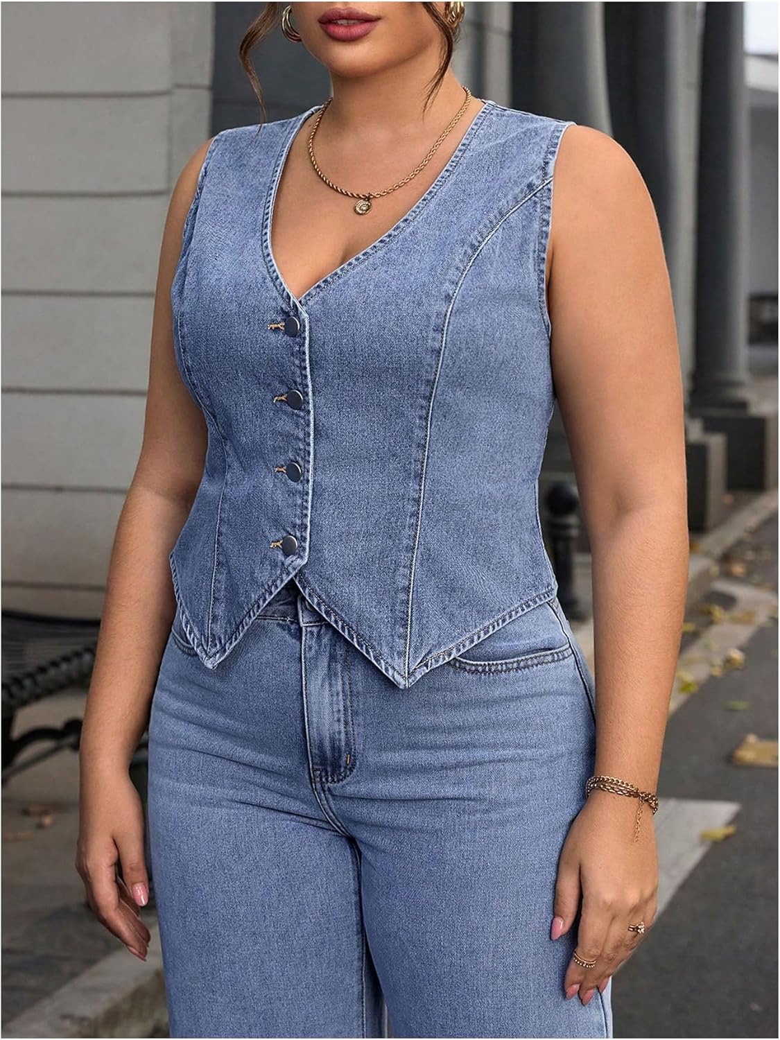 Floerns Women’s Plus Size Sleeveless Vest Denim Jacket Button Front V Neck Waistcoat