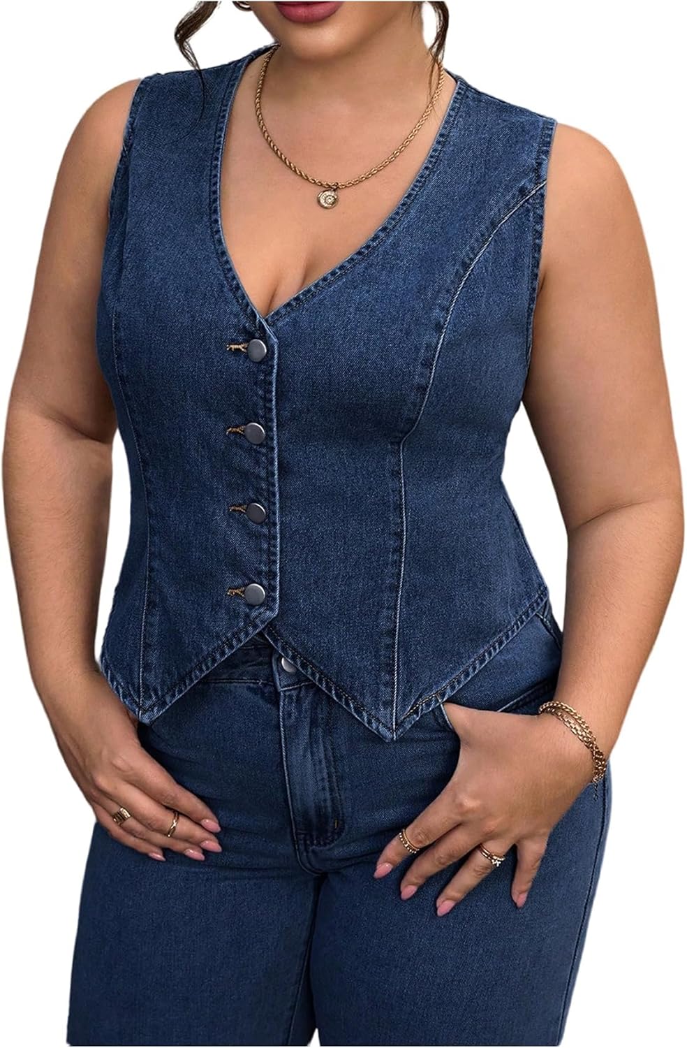 Floerns Women’s Plus Size Sleeveless Vest Denim Jacket Button Front V Neck Waistcoat