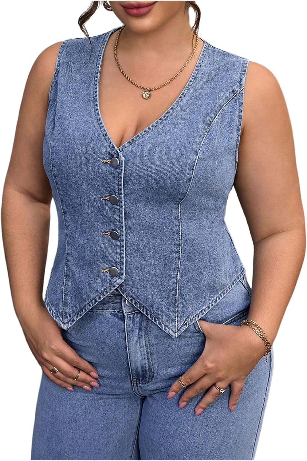 Denim sleeveless button-up vest for women, stylish casual fashion piece, Jersey Hollk.