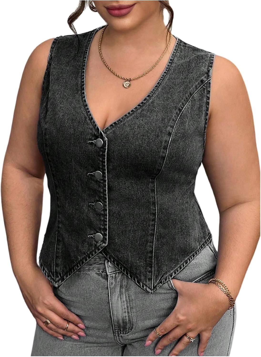 Floerns Women’s Plus Size Sleeveless Vest Denim Jacket Button Front V Neck Waistcoat