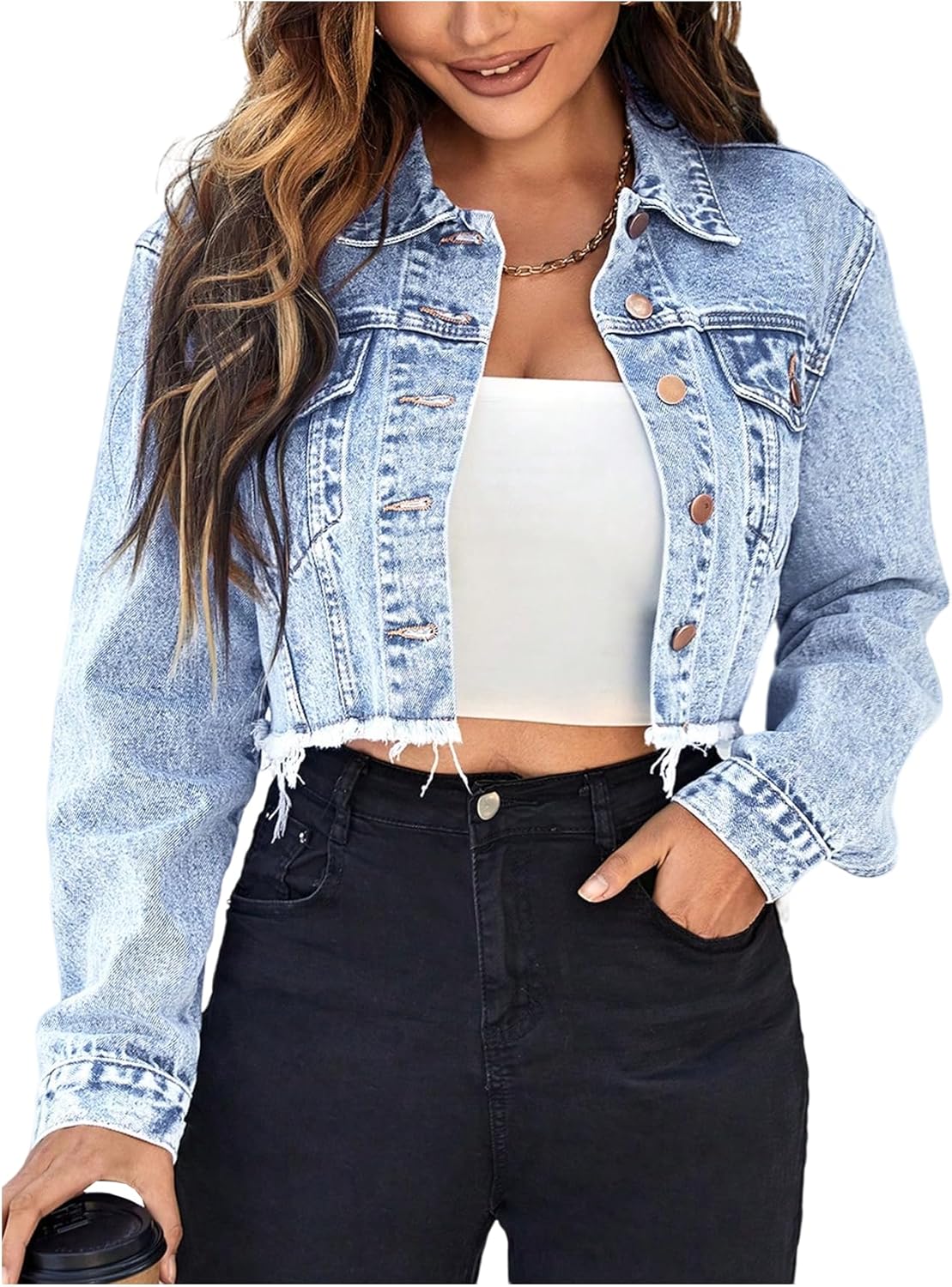 Floerns Women’s Raw Hem Long Sleeve Button Down Pocket Cropped Denim Jean Jacket