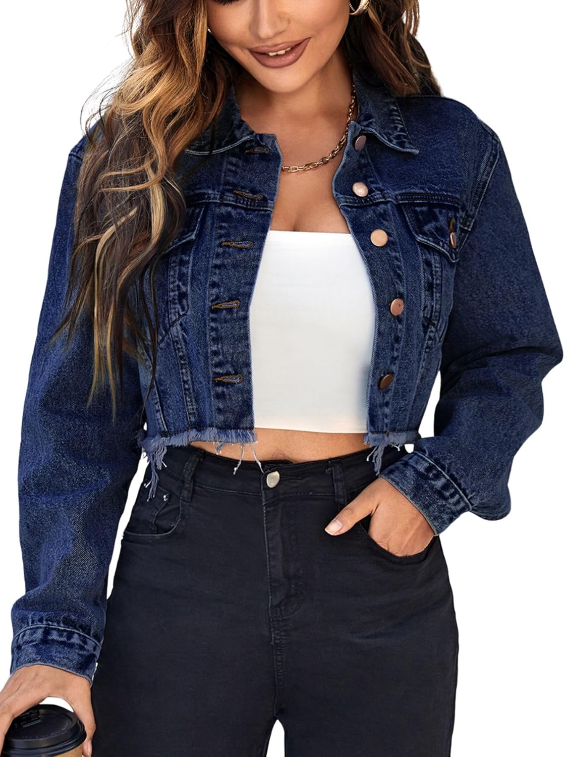 Floerns Women’s Raw Hem Long Sleeve Button Down Pocket Cropped Denim Jean Jacket