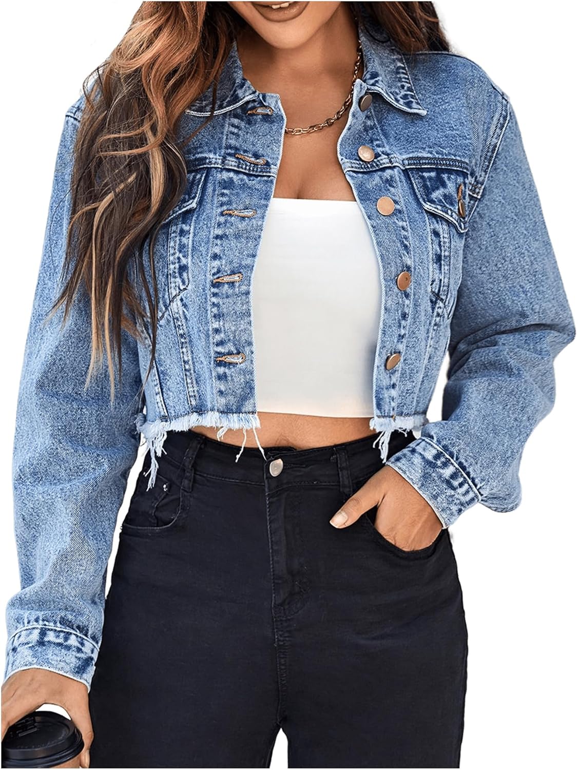 Floerns Women’s Raw Hem Long Sleeve Button Down Pocket Cropped Denim Jean Jacket