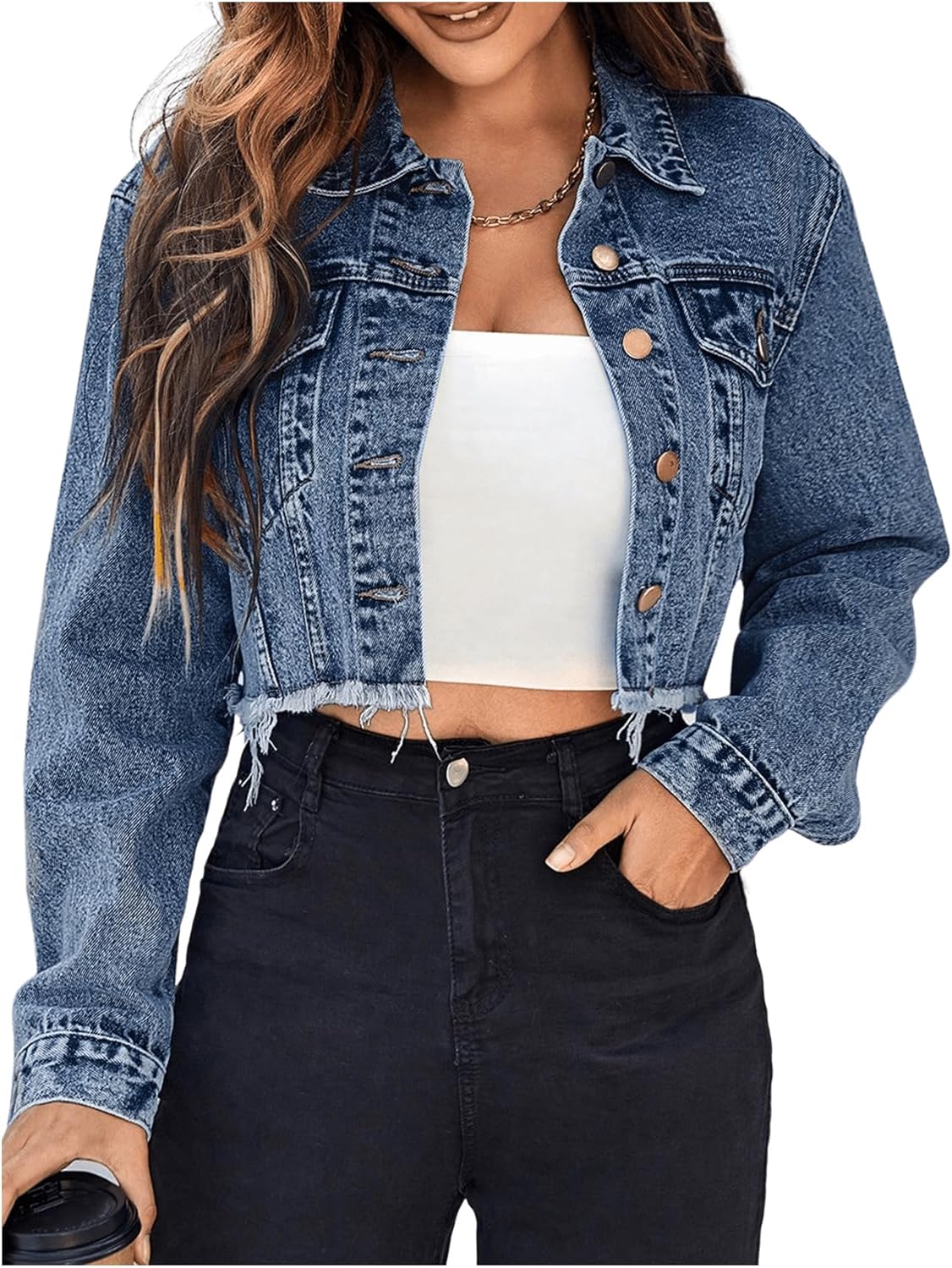 Floerns Women’s Raw Hem Long Sleeve Button Down Pocket Cropped Denim Jean Jacket