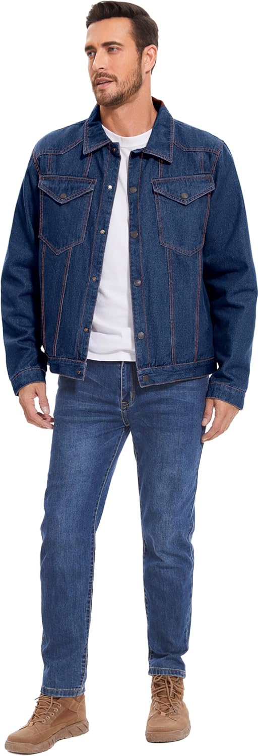 Flygo Mens Flannel Lined Denim Jacket Snap Cowboy Cut Western Classic Slim Fit Vintage Heavy Duty Jacket Trucker Coat(NavyBlue-XL)