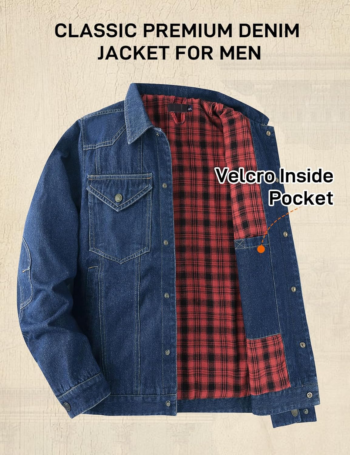 Flygo Mens Flannel Lined Denim Jacket Snap Cowboy Cut Western Classic Slim Fit Vintage Heavy Duty Jacket Trucker Coat(NavyBlue-XL)