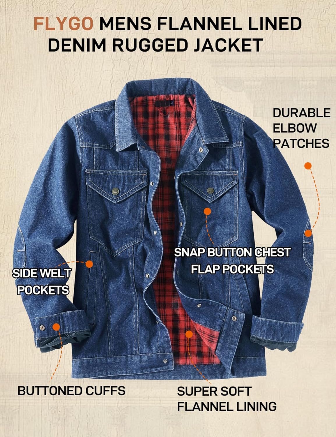 Flygo Mens Flannel Lined Denim Jacket Snap Cowboy Cut Western Classic Slim Fit Vintage Heavy Duty Jacket Trucker Coat(NavyBlue-XL)