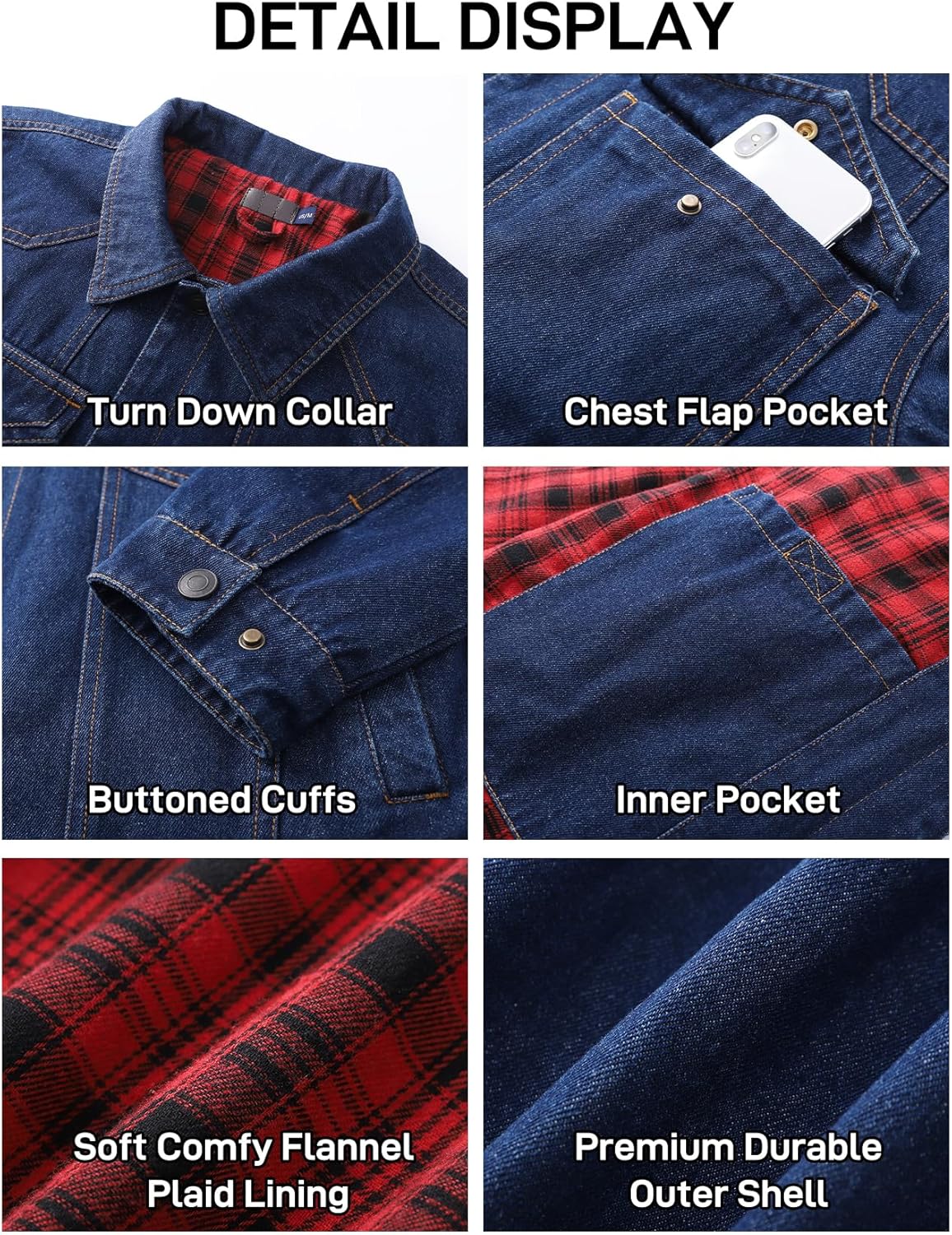 Flygo Mens Flannel Lined Denim Jacket Snap Cowboy Cut Western Classic Slim Fit Vintage Heavy Duty Jacket Trucker Coat(NavyBlue-XL)