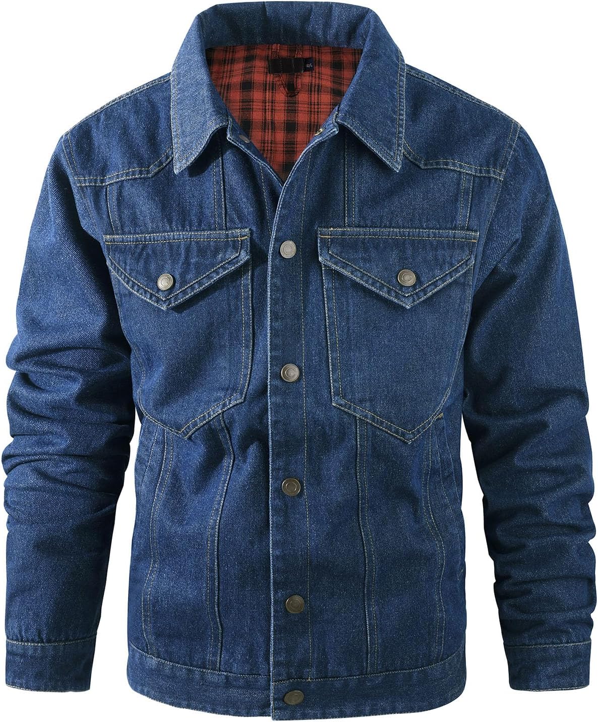 Flygo Mens Flannel Lined Denim Jacket Snap Cowboy Cut Western Classic Slim Fit Vintage Heavy Duty Jacket Trucker Coat(NavyBlue-XL)