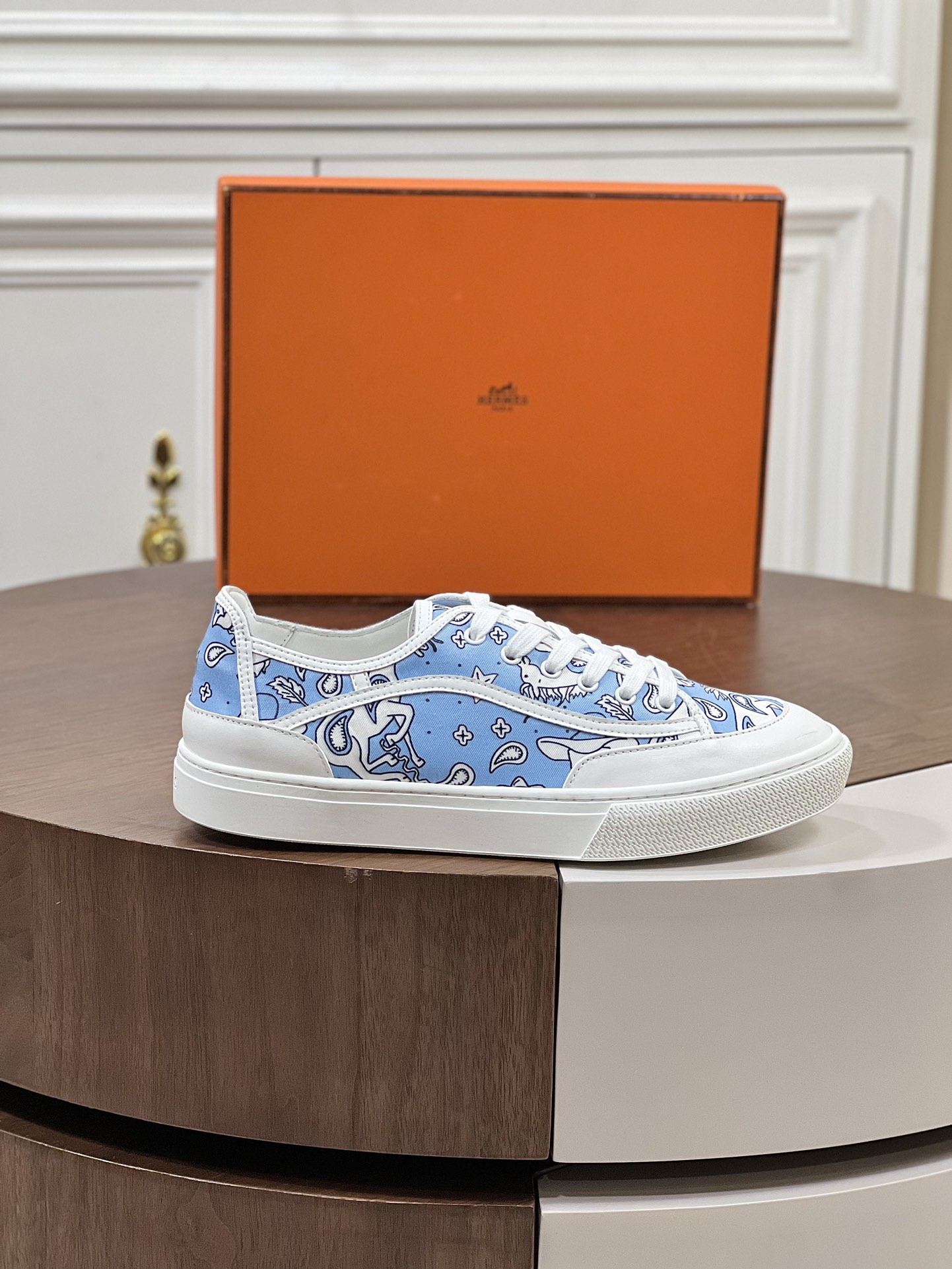 Get Sneaker Hermes Blue | Hermes Horse Hat and Leaf Pattern