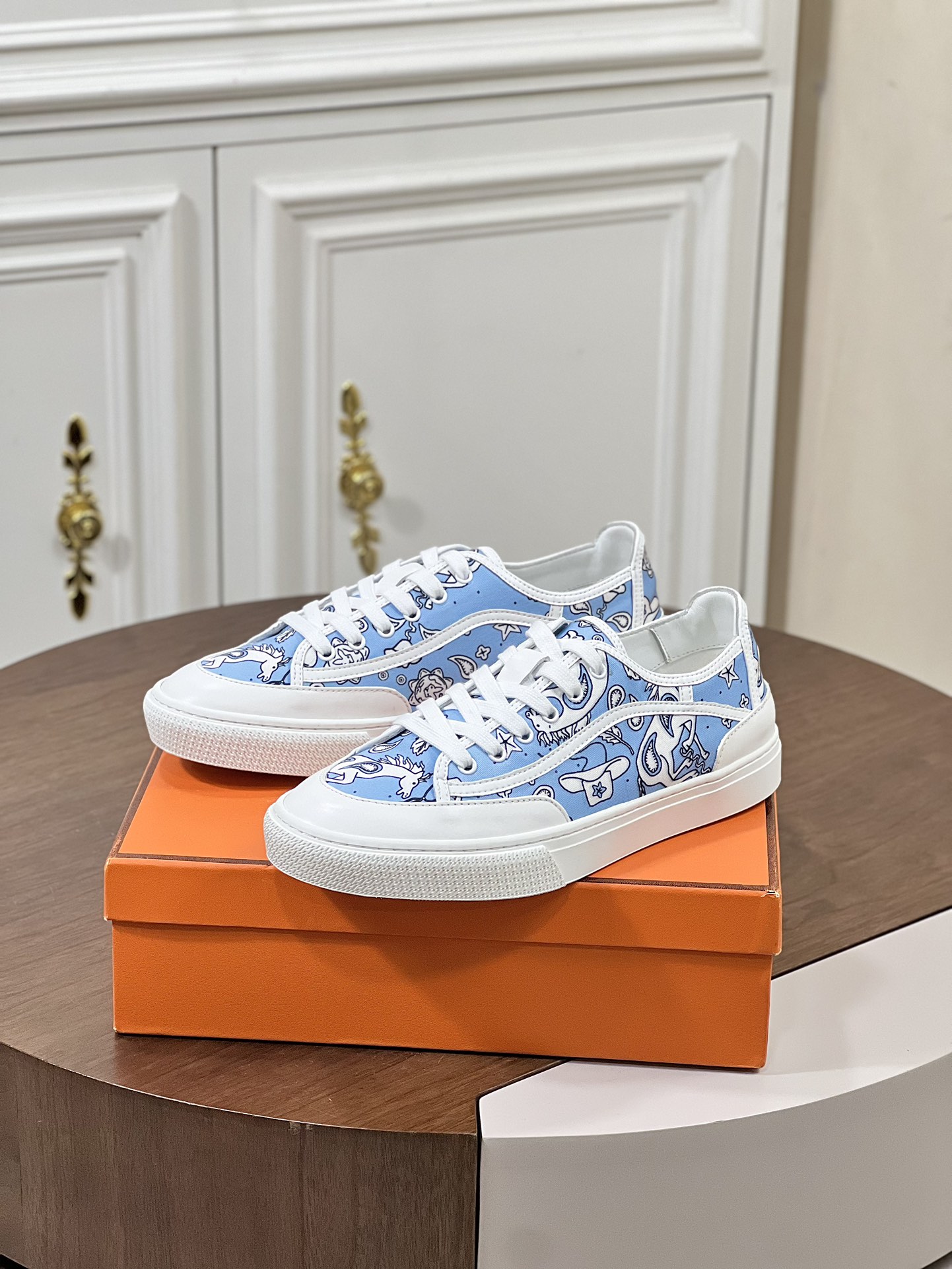 Get Sneaker Hermes Blue | Hermes Horse Hat and Leaf Pattern