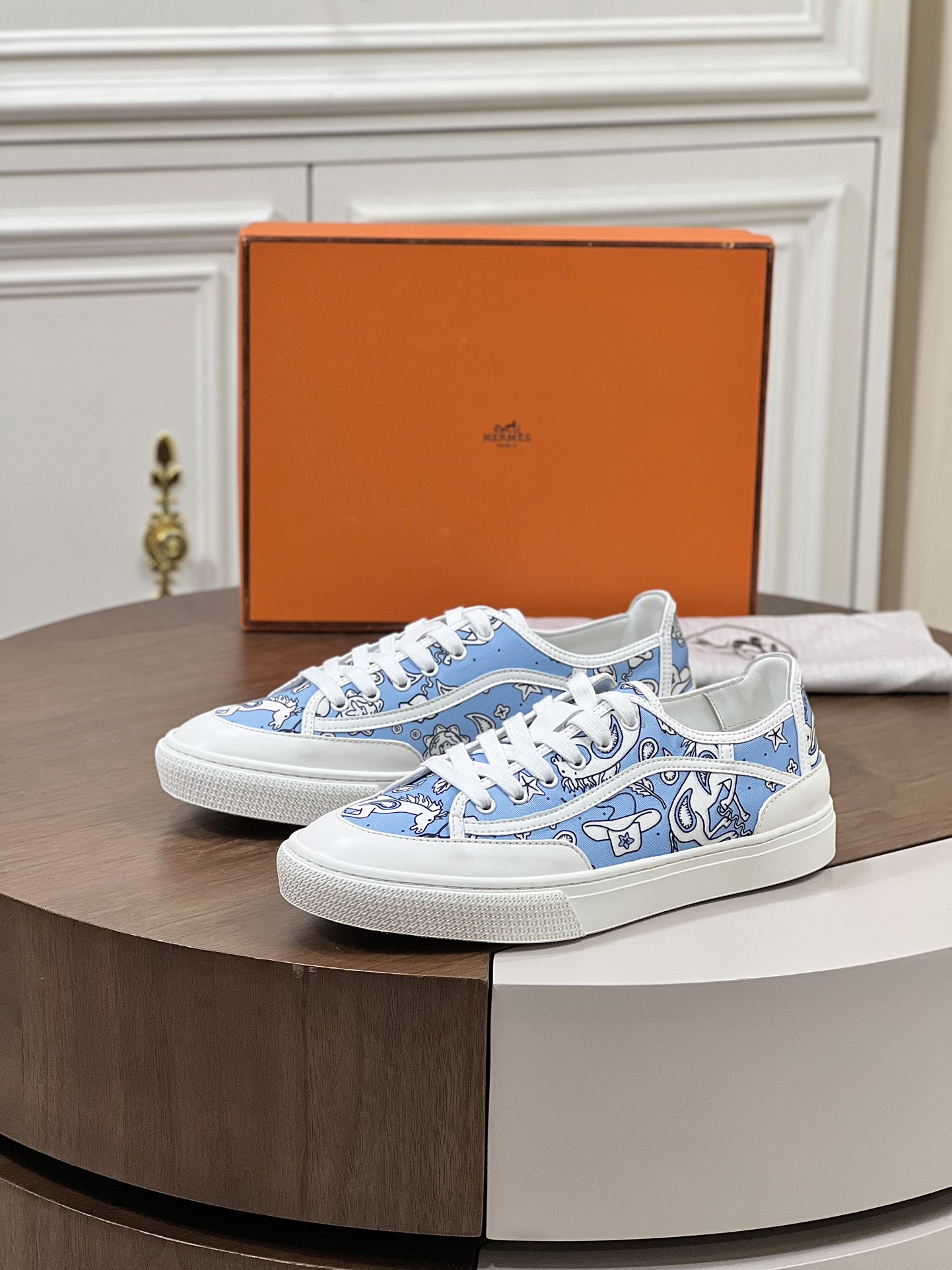 Get Sneaker Hermes Blue | Hermes Horse Hat and Leaf Pattern