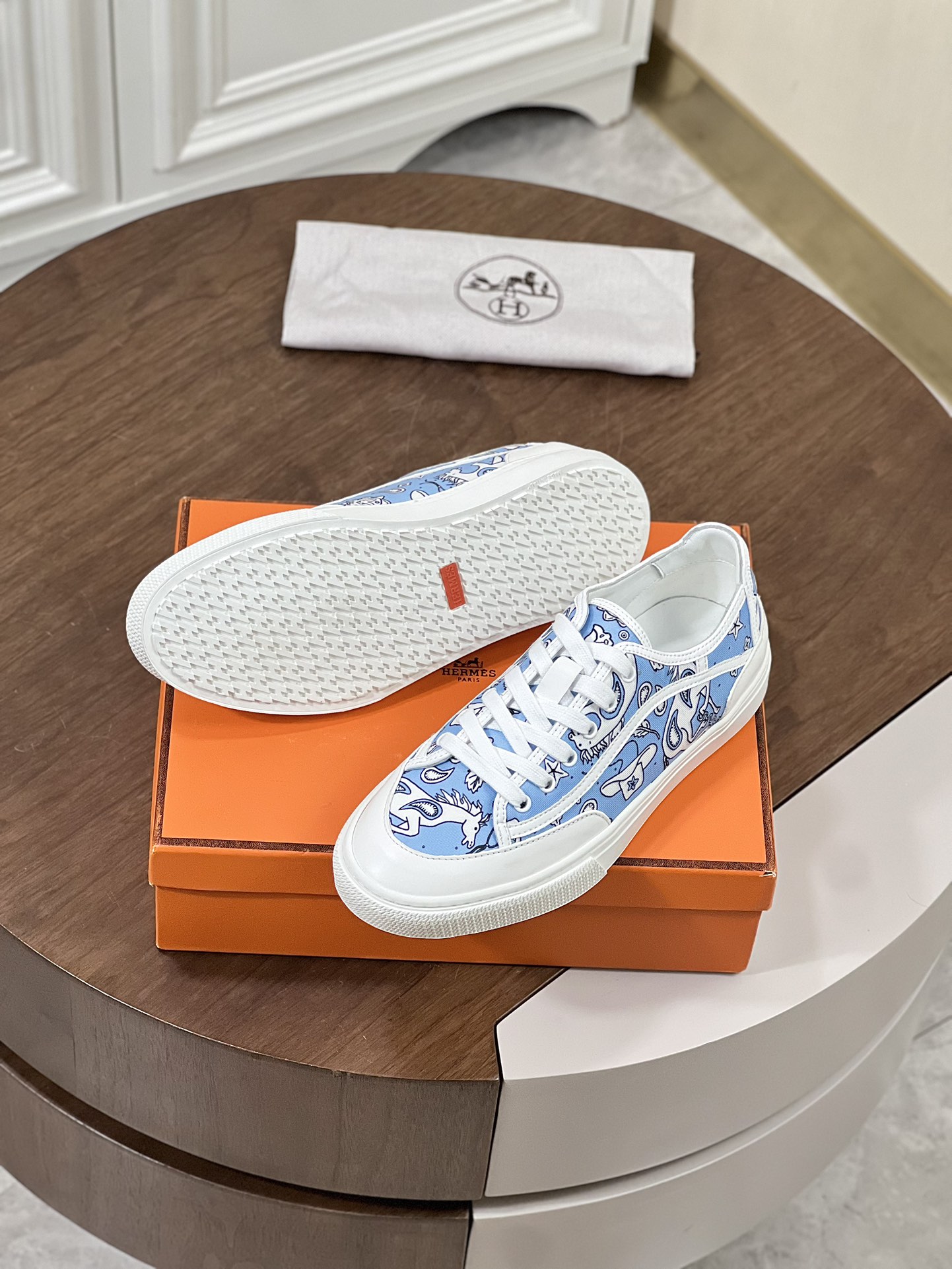 Get Sneaker Hermes Blue | Hermes Horse Hat and Leaf Pattern