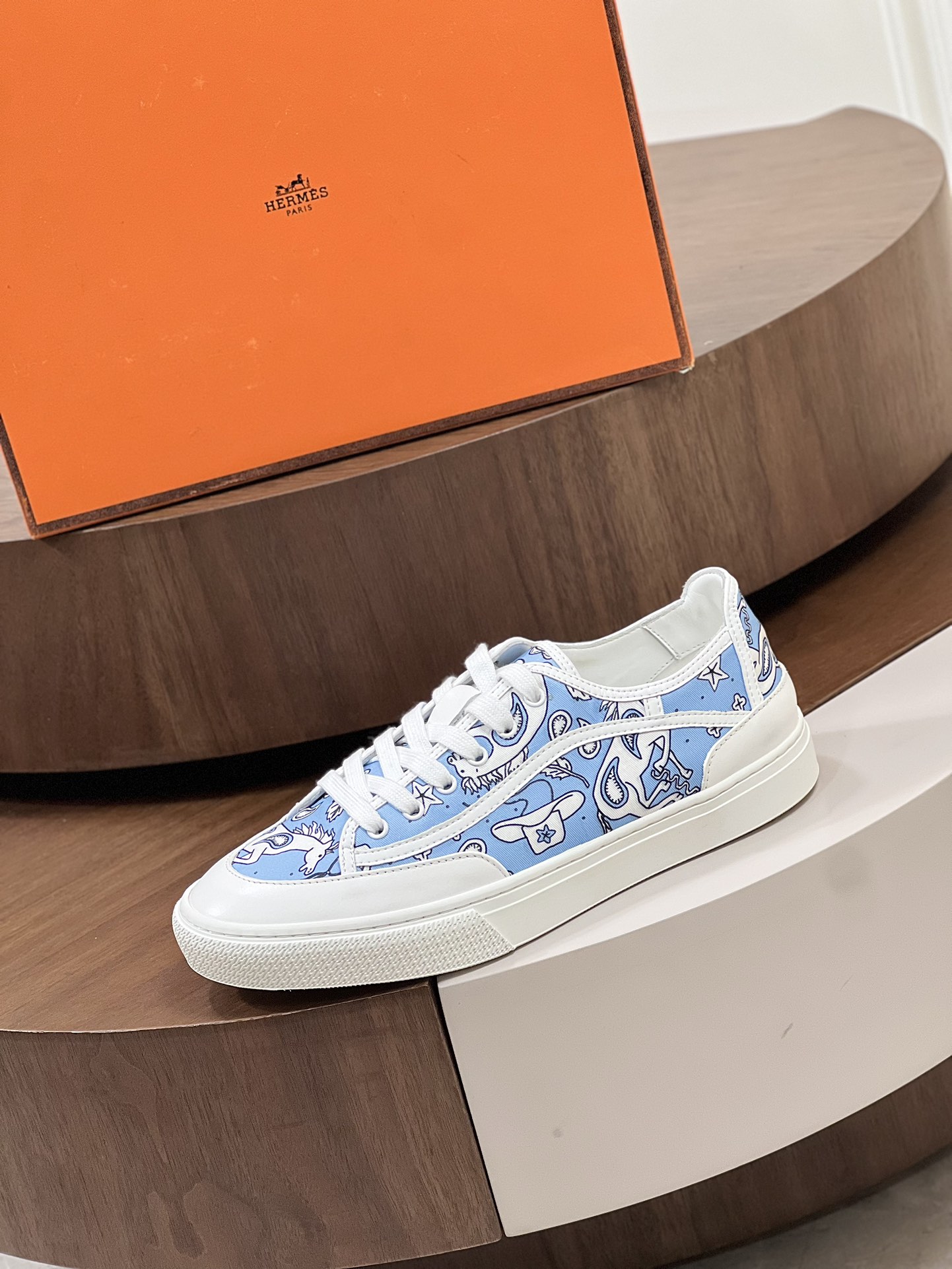 Get Sneaker Hermes Blue | Hermes Horse Hat and Leaf Pattern