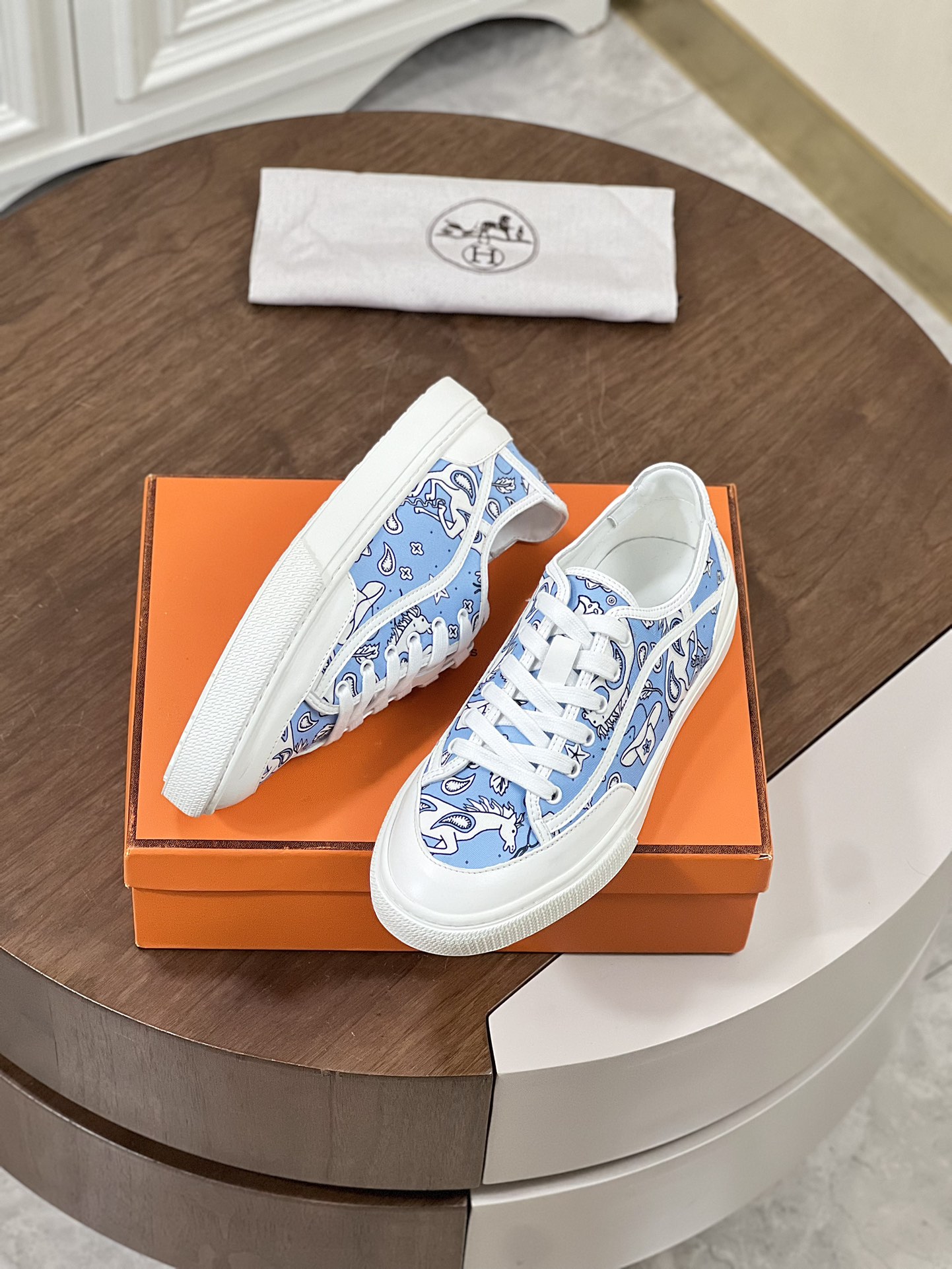 Get Sneaker Hermes Blue | Hermes Horse Hat and Leaf Pattern