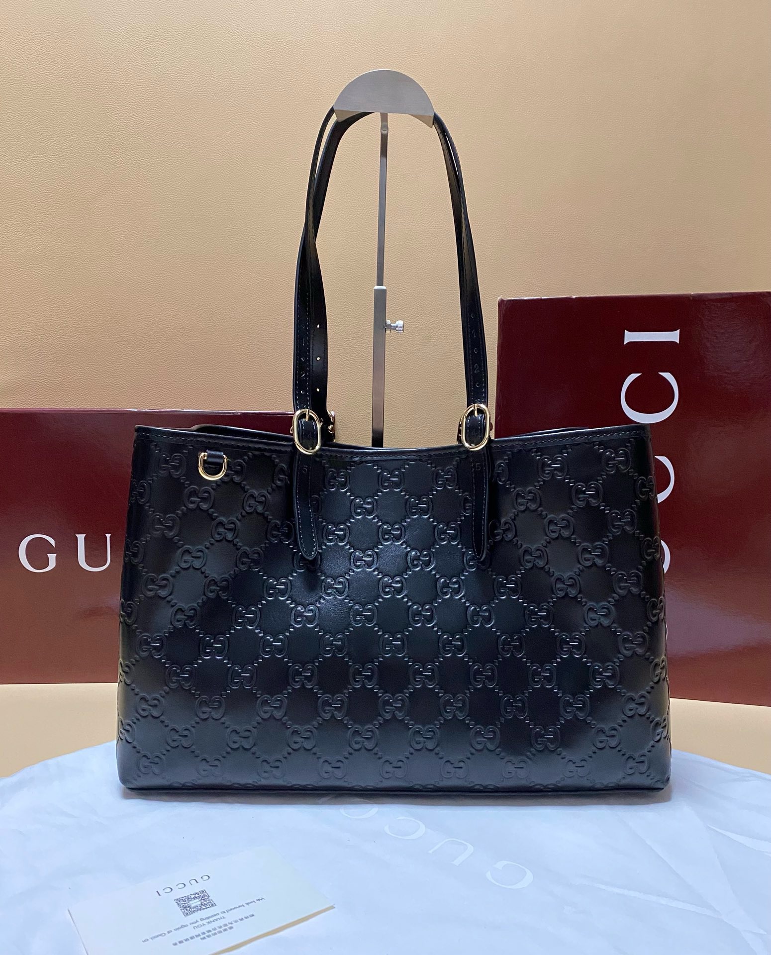 GG Emblem large tote bag in black leather