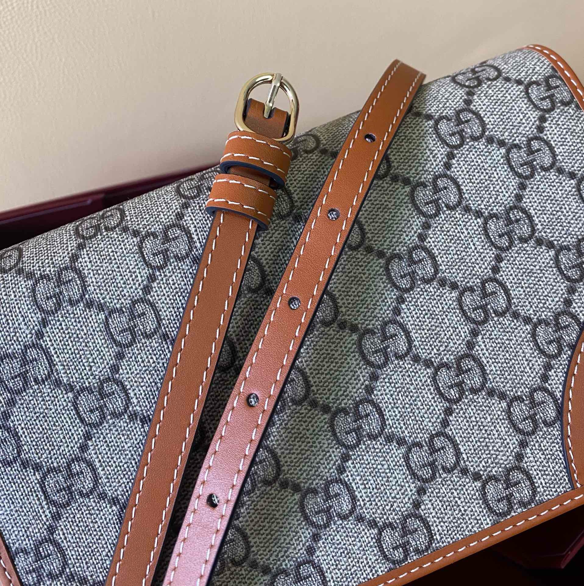 GG Emblem wallet with leather strap in beige and dark brow